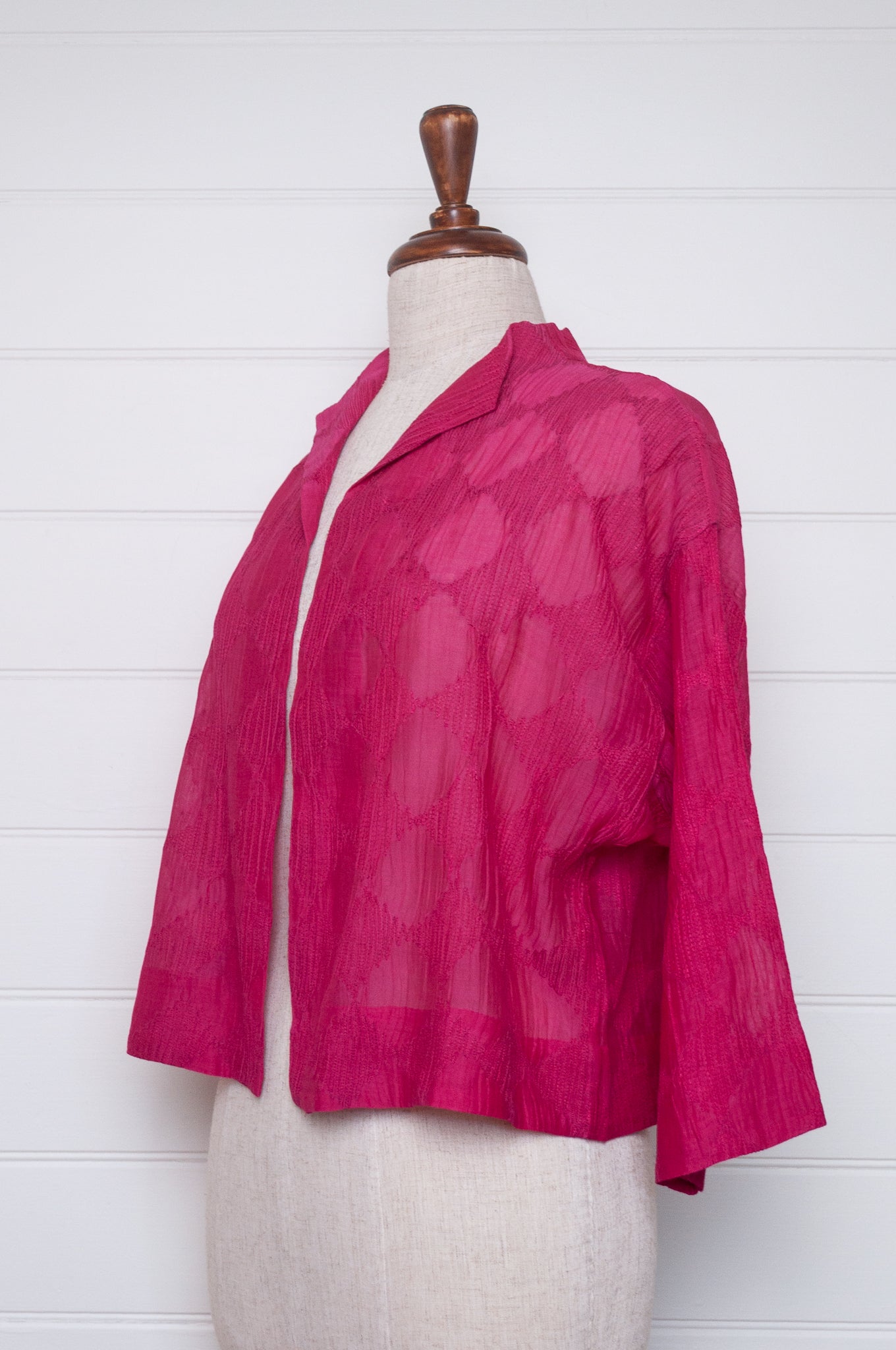 Neeru Kumar cotton silk embroidered unlined cropped jacket in brilliant pink.
