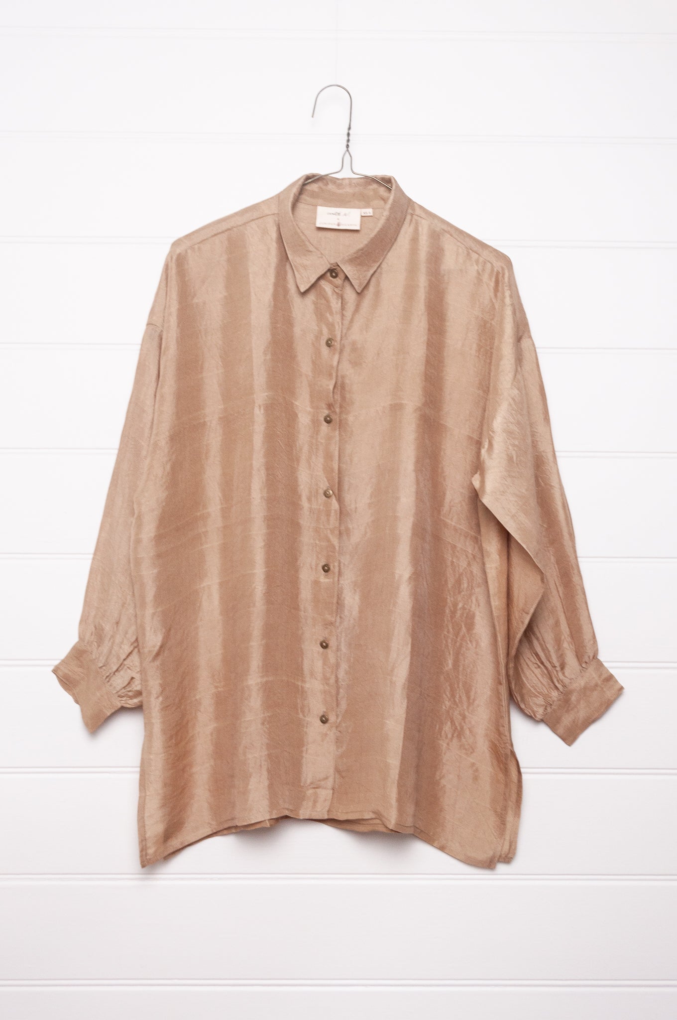 Studio Within x Juniper Hearth oversized pure silk button up long sleeved shirt in oatmeal beige.