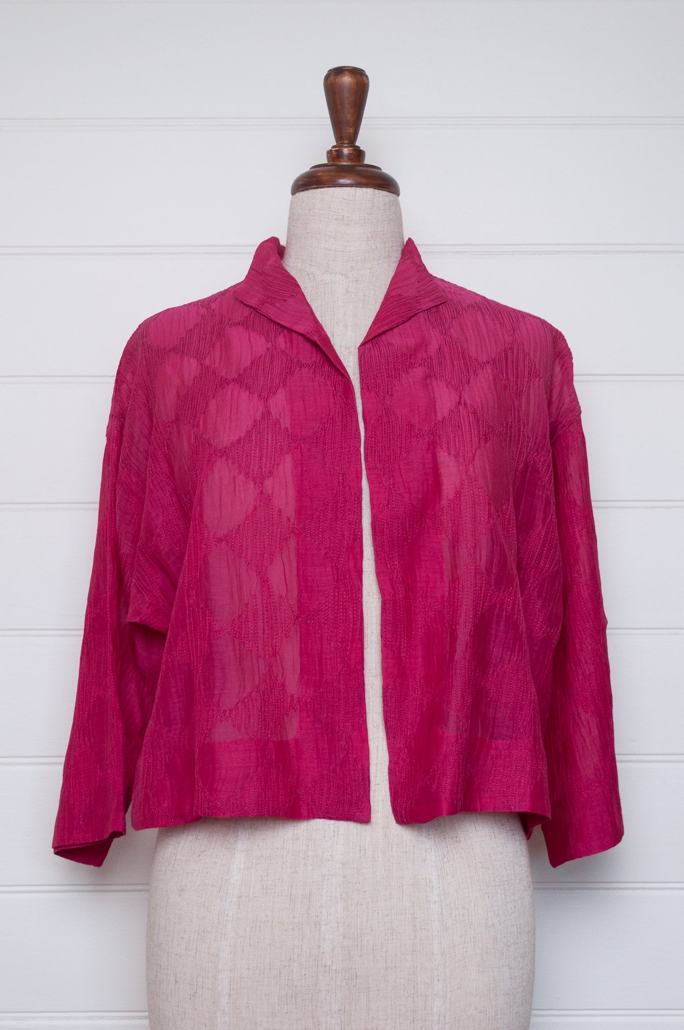 Neeru Kumar cotton silk embroidered unlined cropped jacket in brilliant pink.