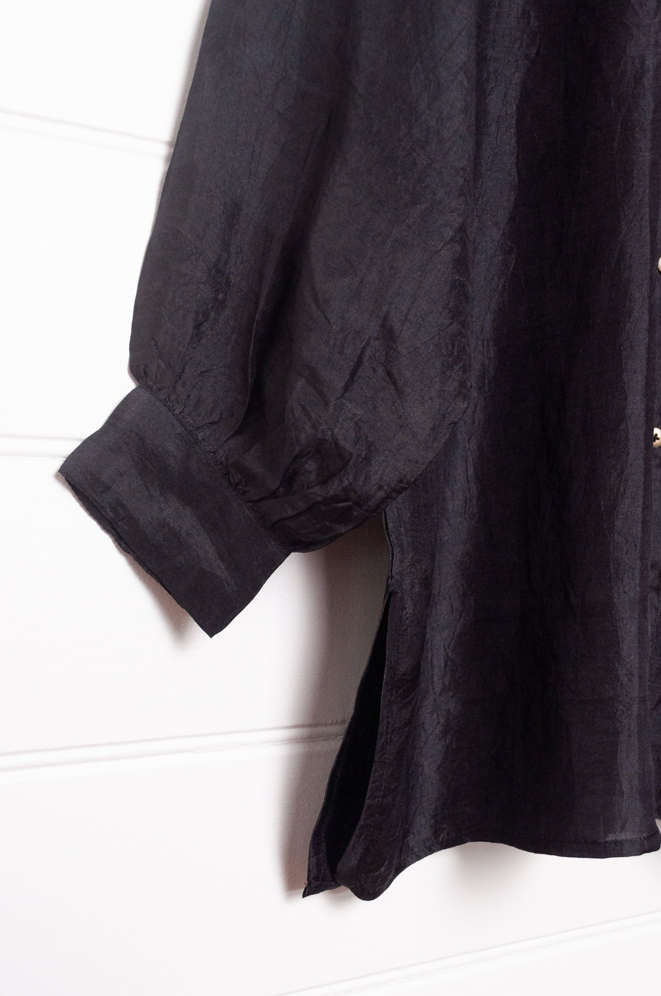 Studio Within x Juniper Hearth oversized pure silk button up long sleeved shirt in black.