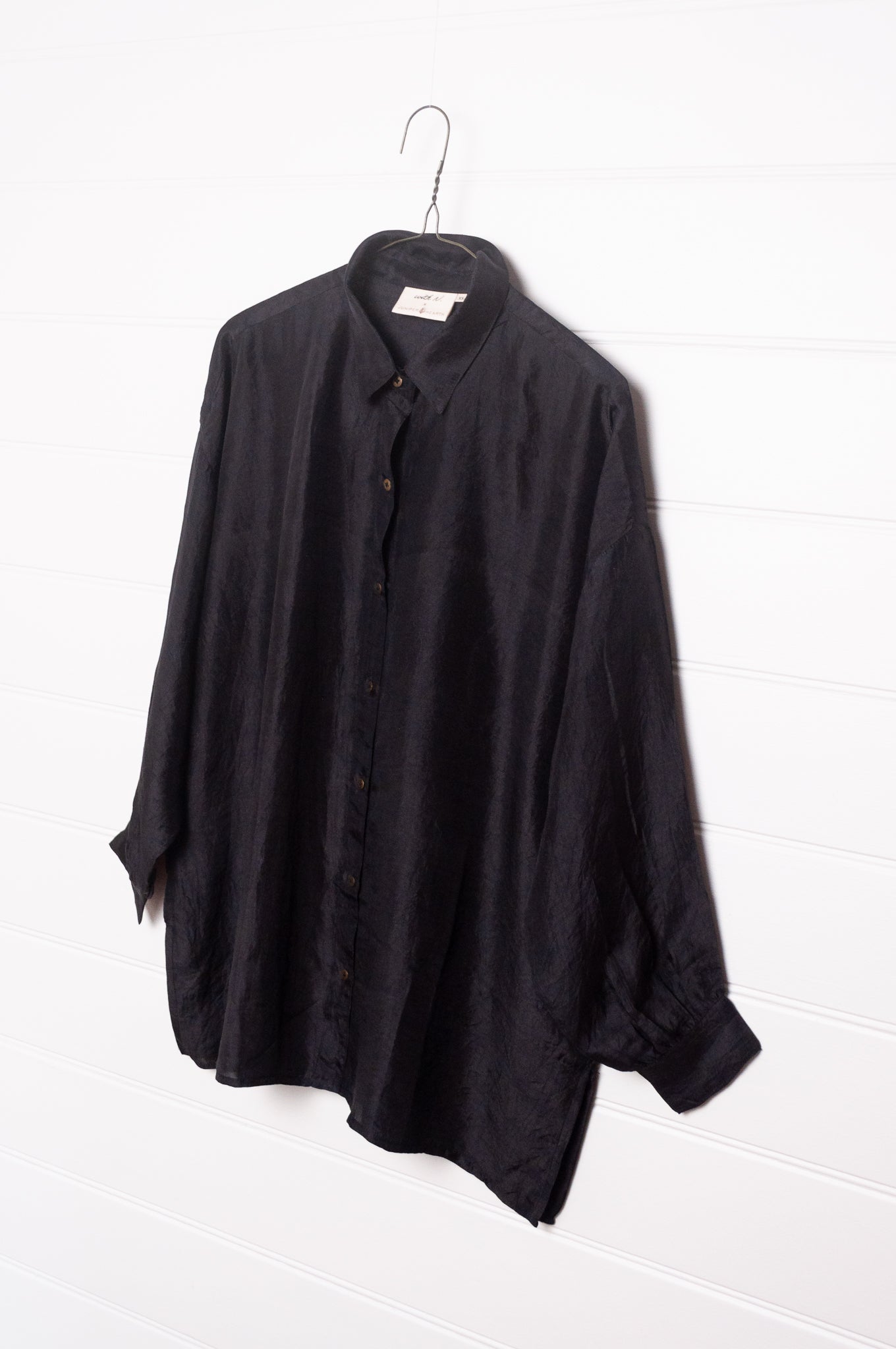 Studio Within x Juniper Hearth oversized pure silk button up long sleeved shirt in black.