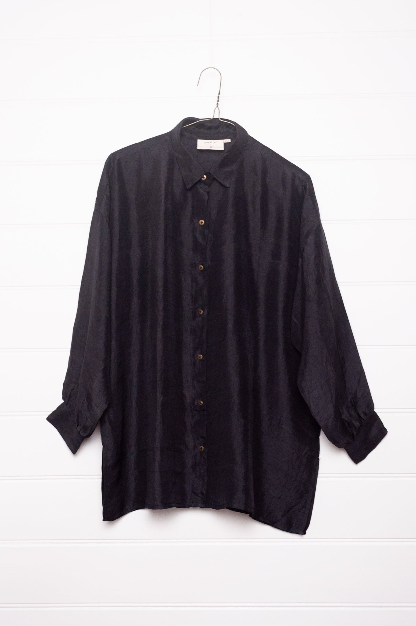 Studio Within x Juniper Hearth oversized pure silk button up long sleeved shirt in black.