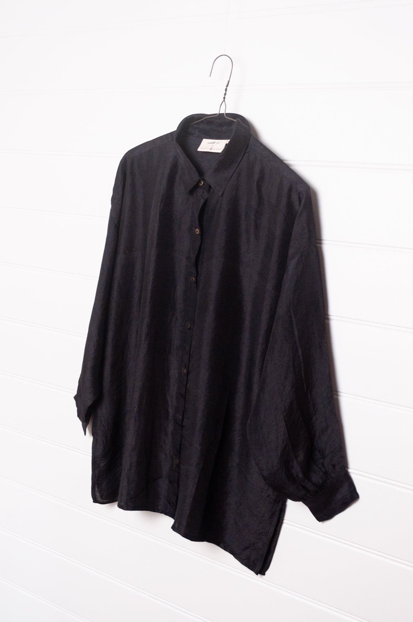 Studio Within x Juniper Hearth oversized pure silk button up long sleeved shirt in black.