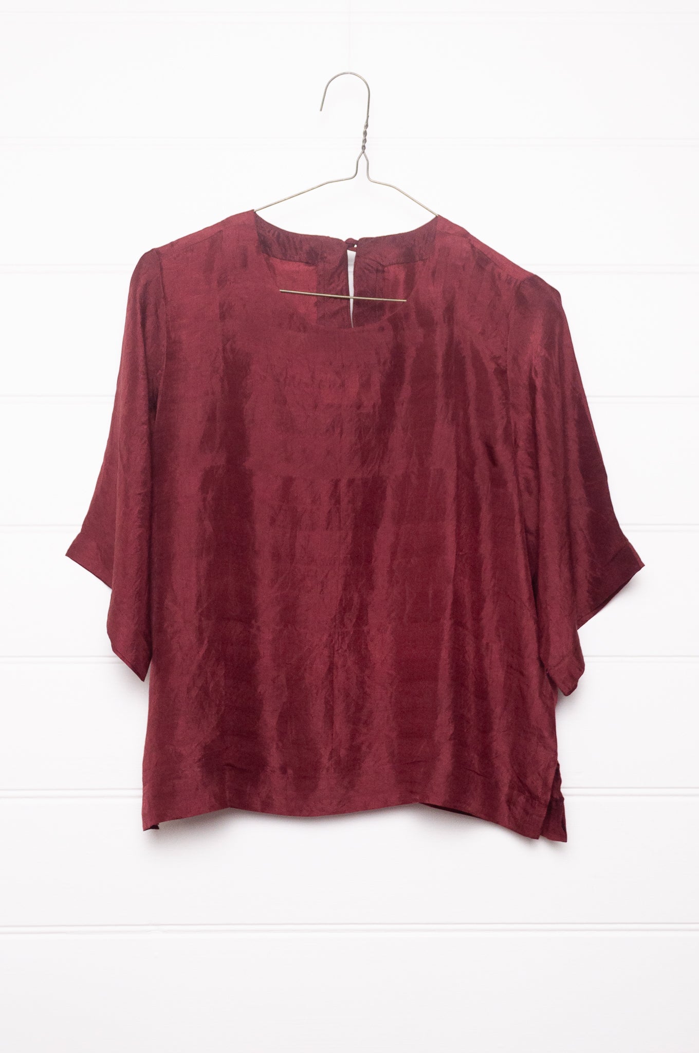 Studio Within x Juniper Hearth mulberry silk short sleeved round neck top in oxblood red.