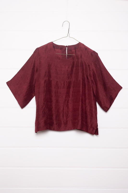 Studio Within x Juniper Hearth mulberry silk short sleeved round neck top in oxblood red.