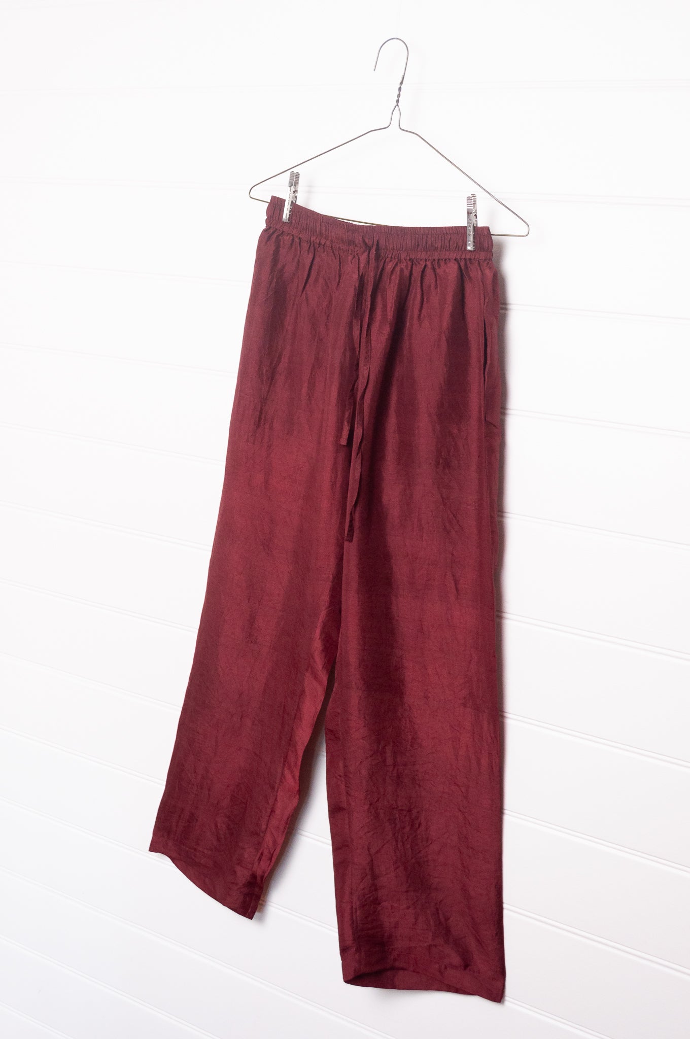 Studio Within x Juniper Hearth mulberry silk elastic waist pants in oxblood red.