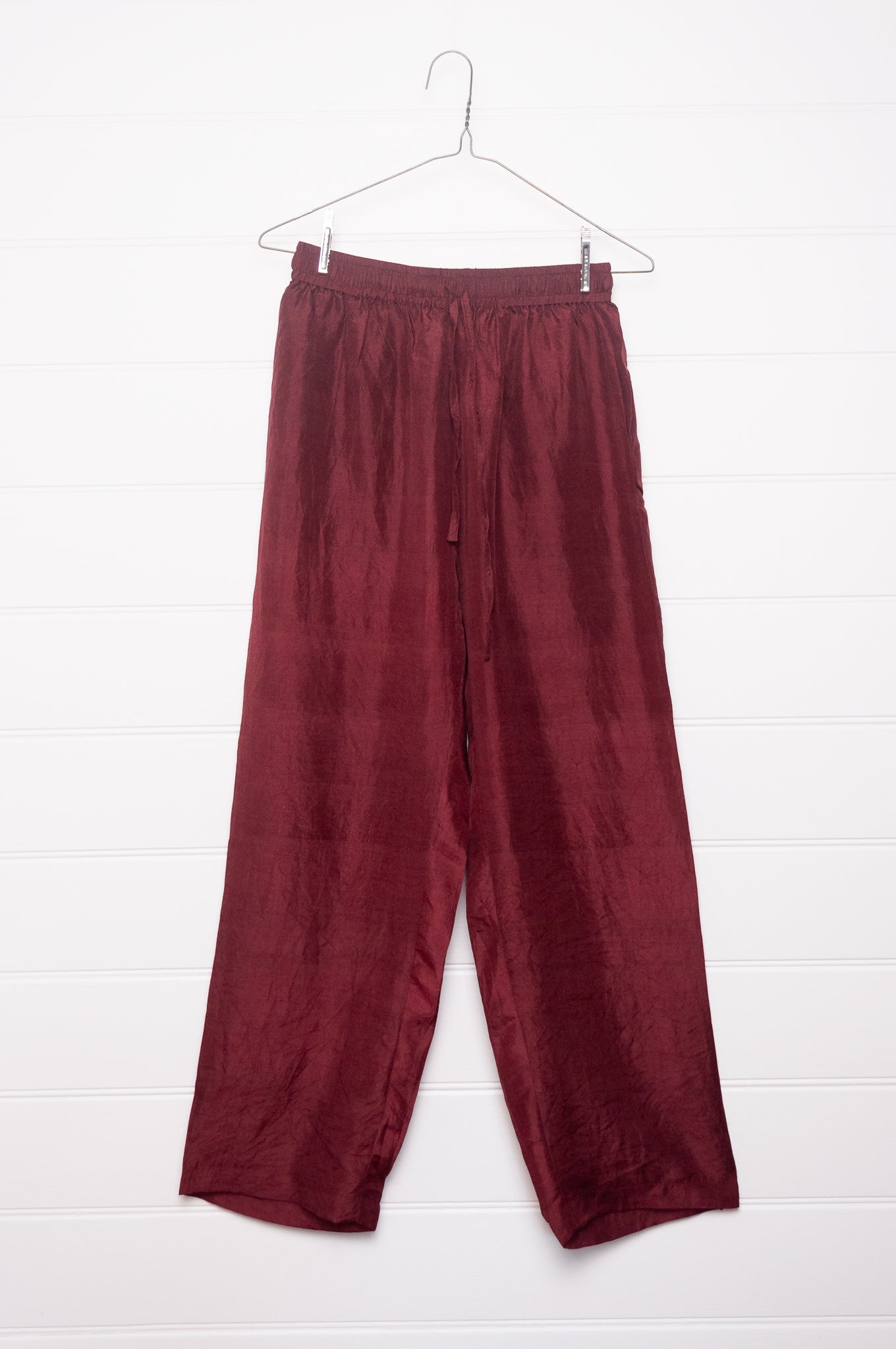 Studio Within x Juniper Hearth mulberry silk elastic waist pants in oxblood red.