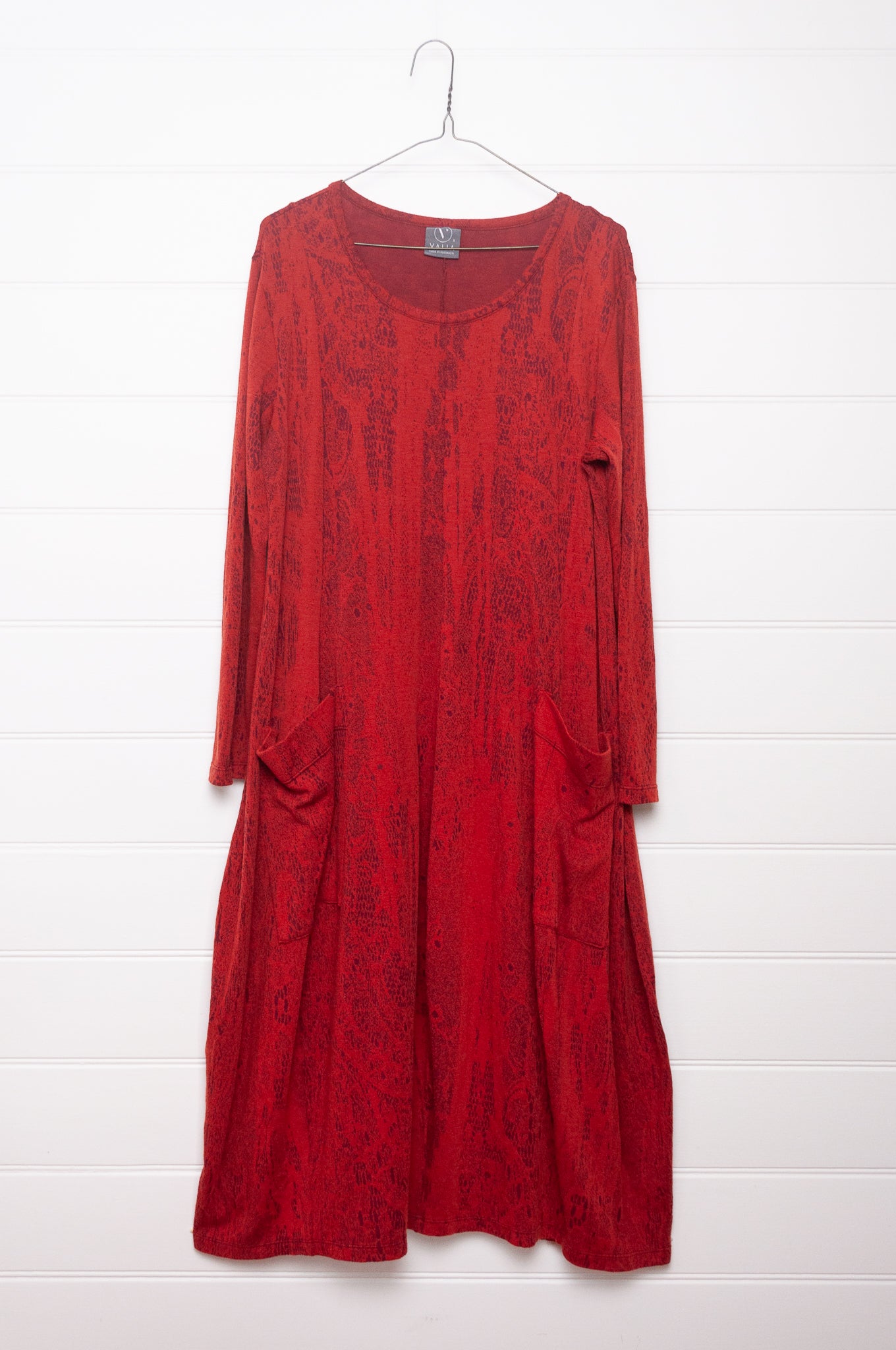 Valia Chantilly long sleeved midi length dress, wool knit jacquard print in Oxblood red.