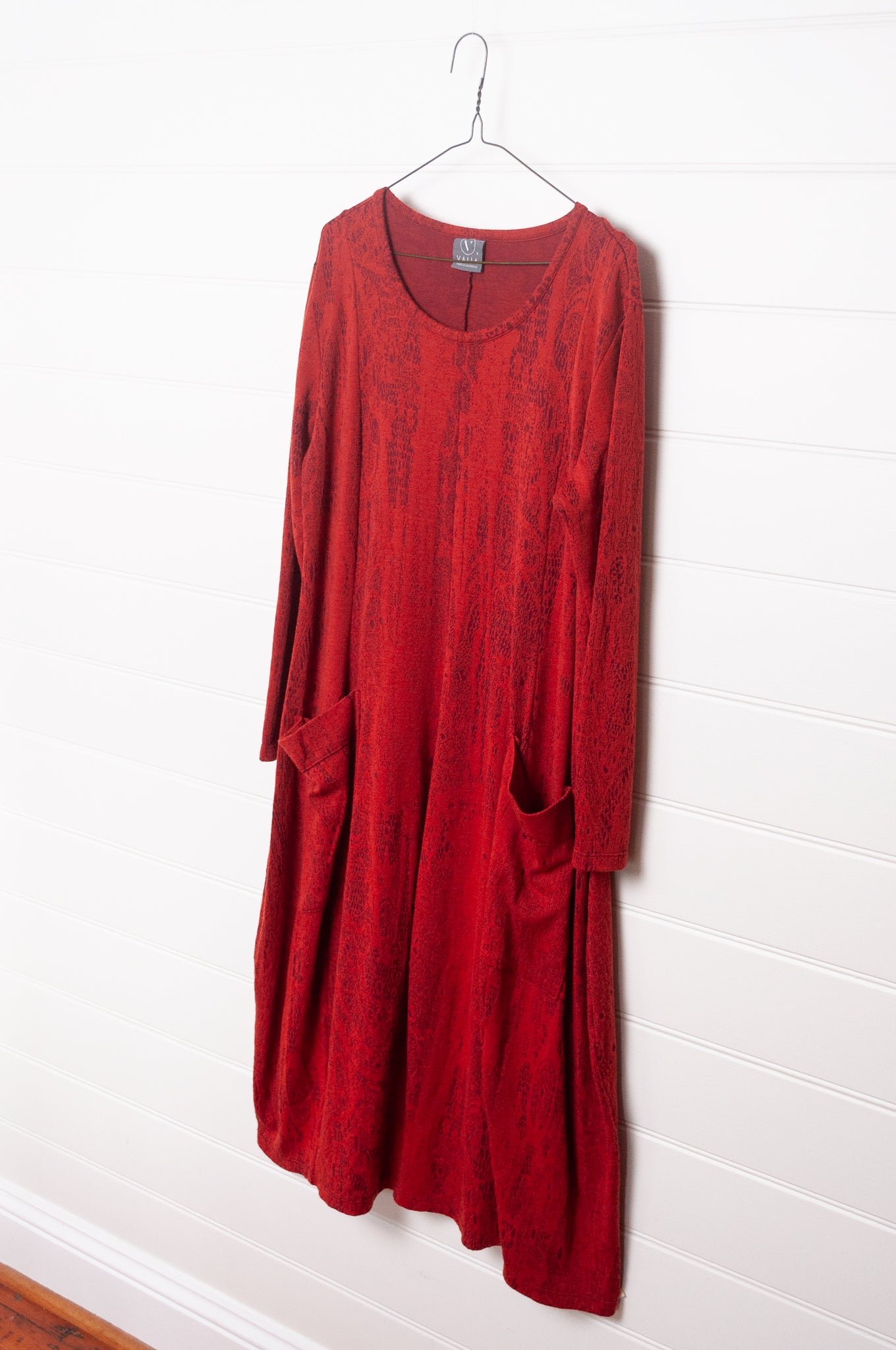 Valia Chantilly long sleeved midi length dress, wool knit jacquard print in Oxblood red.