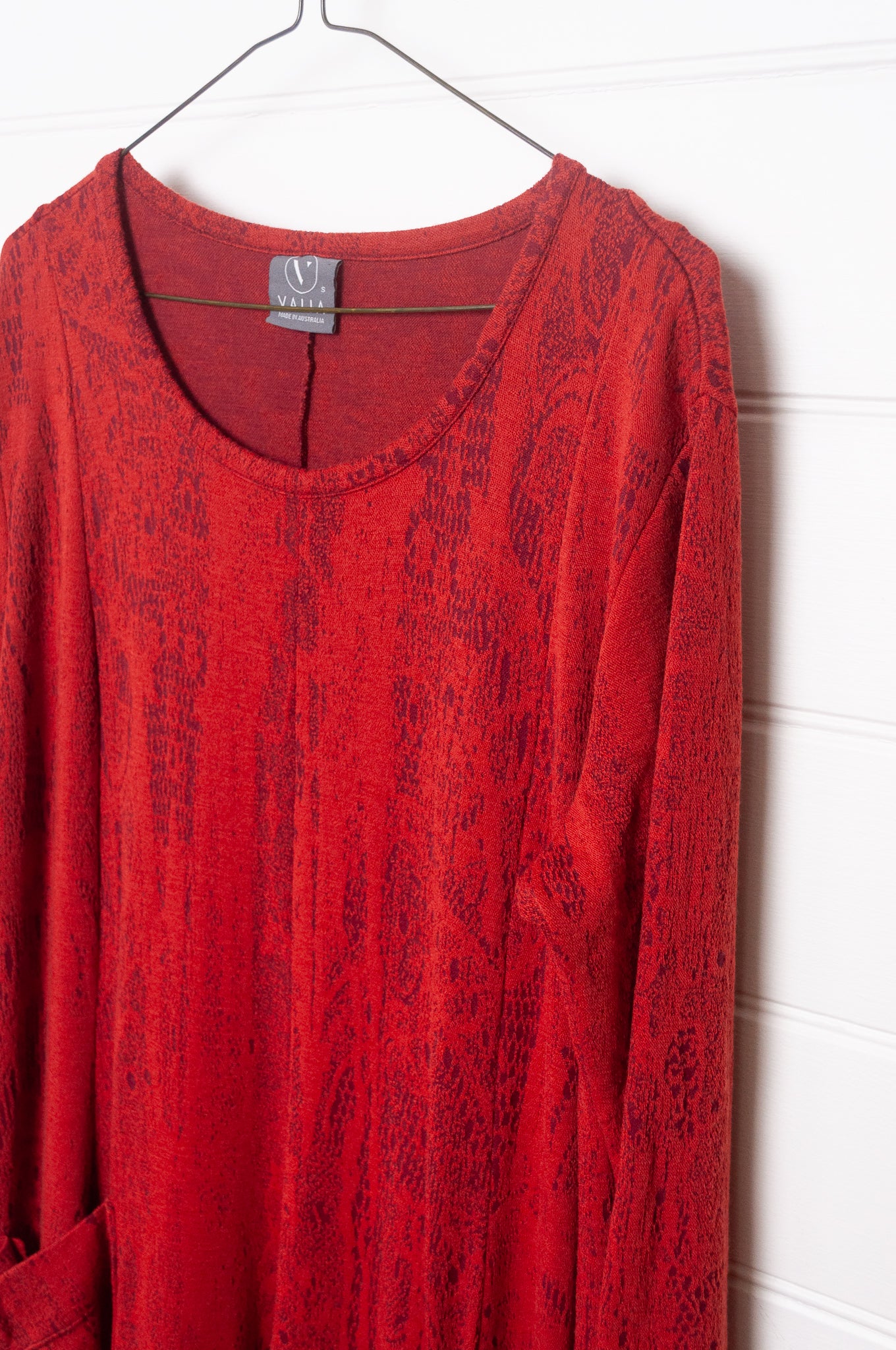 Valia Chantilly long sleeved midi length dress, wool knit jacquard print in Oxblood red.