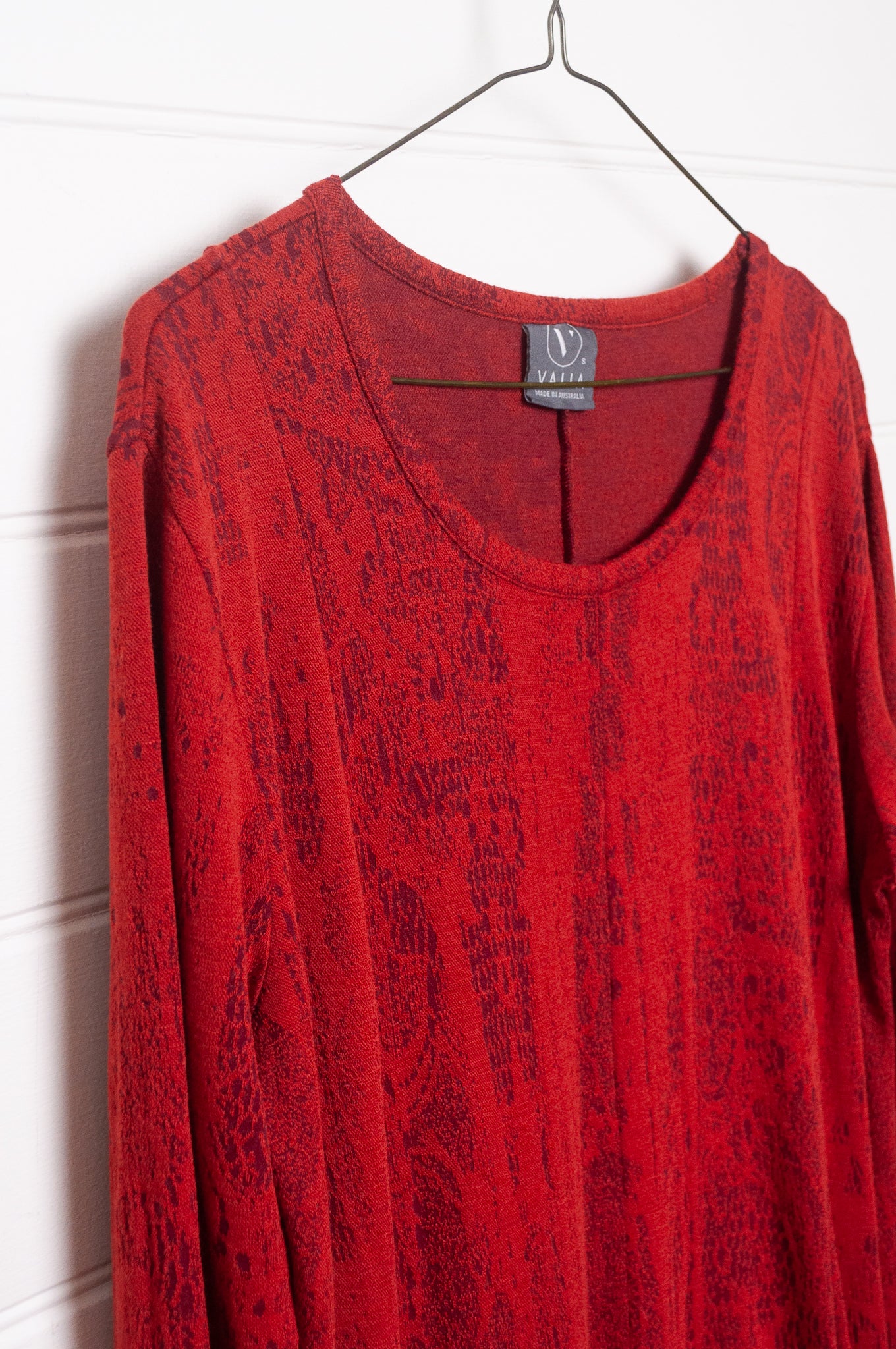 Valia Chantilly long sleeved midi length dress, wool knit jacquard print in Oxblood red.