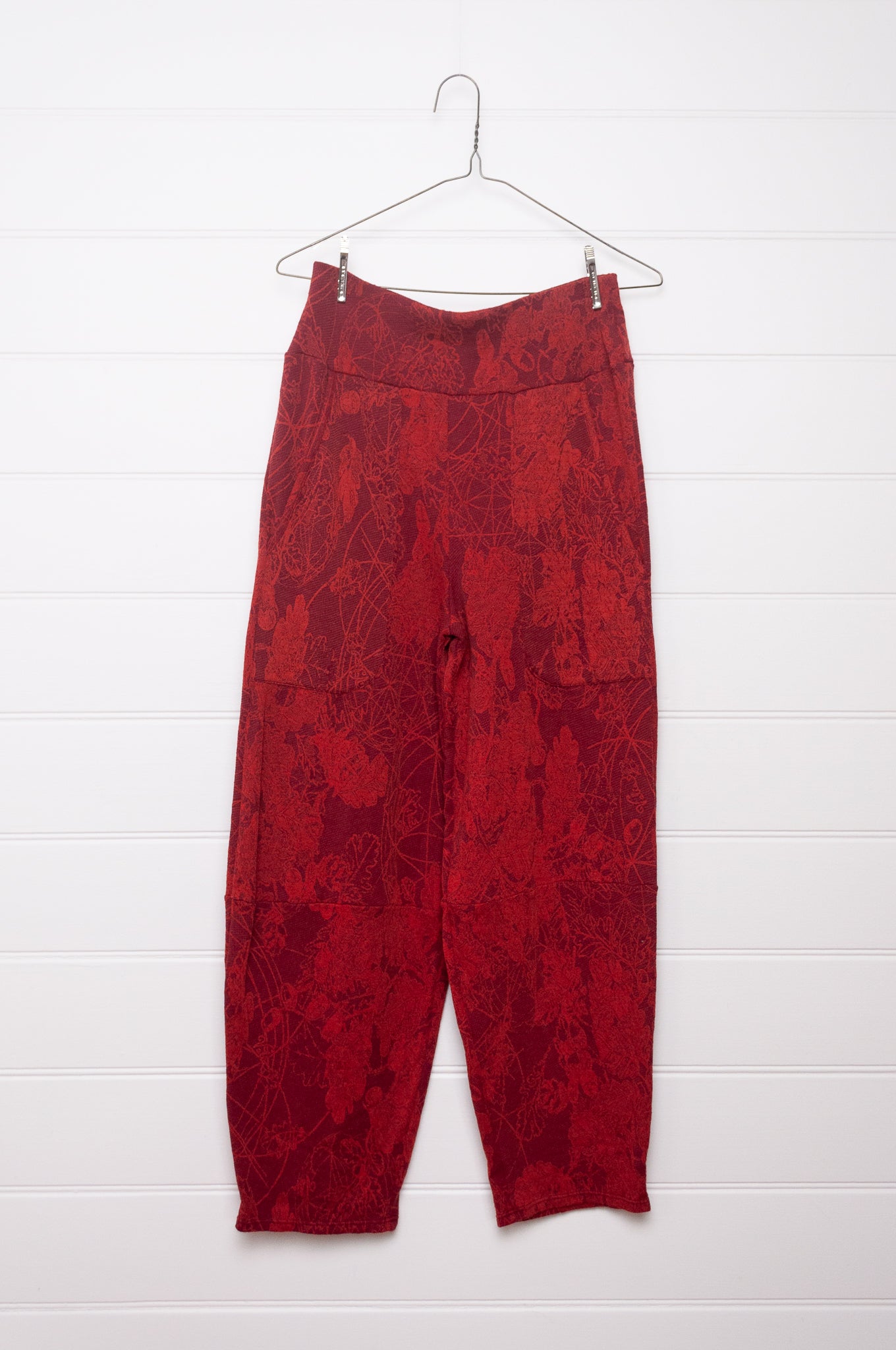 Valia travel pant pull on wool jersey knit in jacquard print Oxblood red.