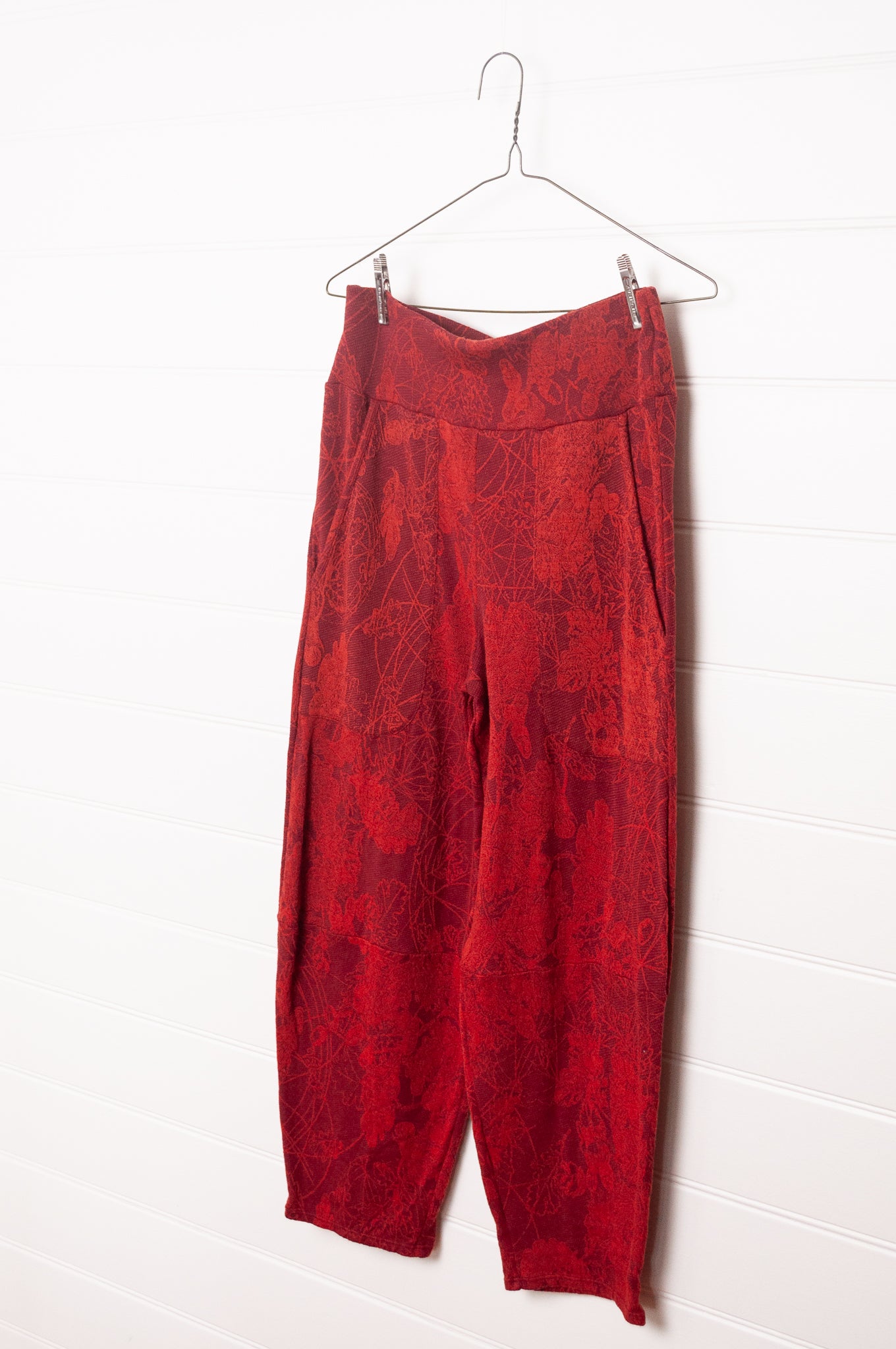 Valia travel pant pull on wool jersey knit in jacquard print Oxblood red.