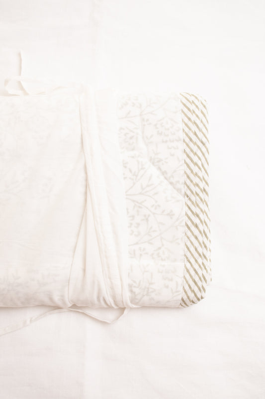 Olive green and whtie floral muslin blockprint dohar summer quilt.