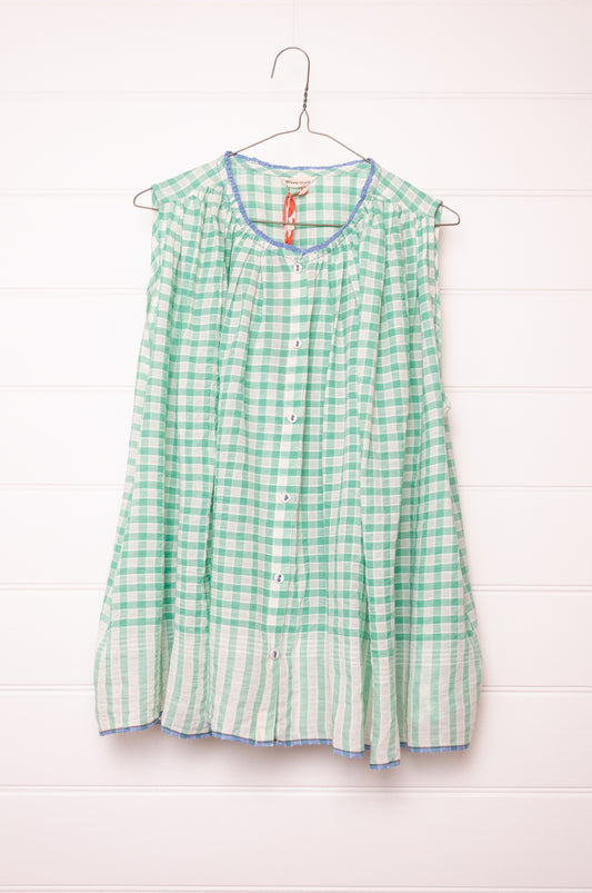 Runaway Bicycle handloom cotton Dina gathered top in aquamarine checks.