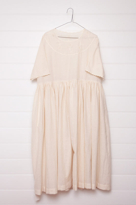 Runaway Bicycle handloom cotton Pipa dress, hand embroidered in natural white.