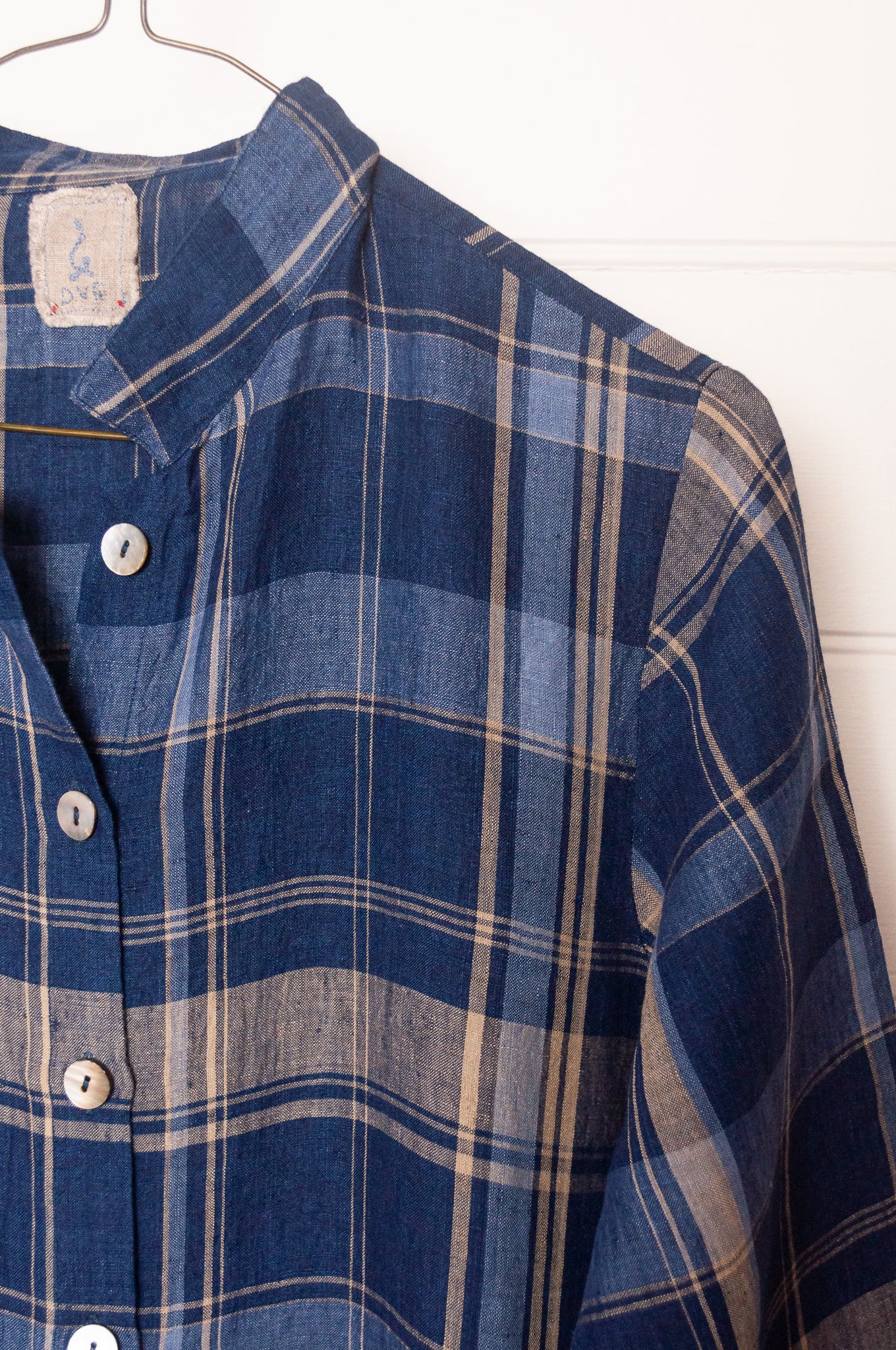 Dve Tara button up shirt dress in navy and beige check linen.