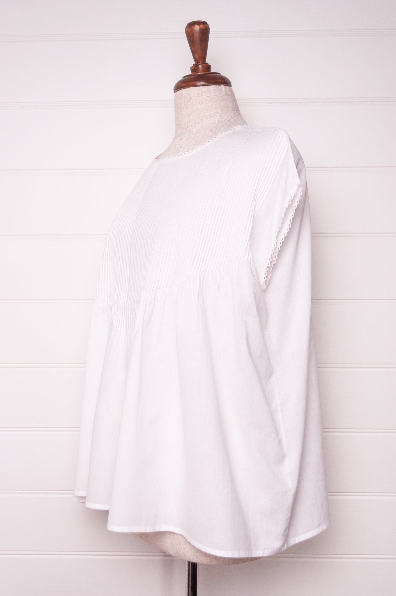 DVE Indra fine cotton pin tuck one size blouse in white.