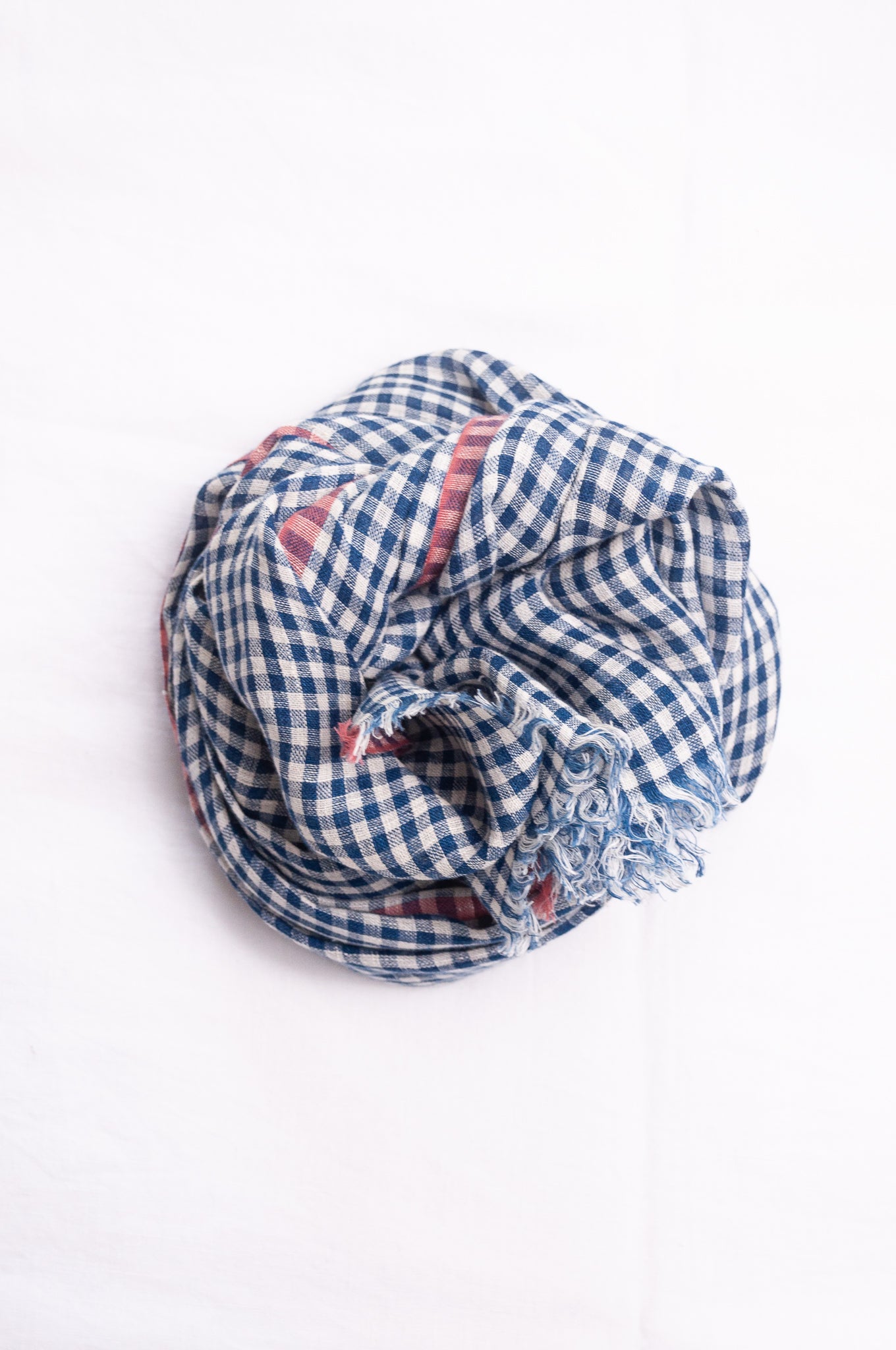 DVE handloom linen scarf in indigo and white check.