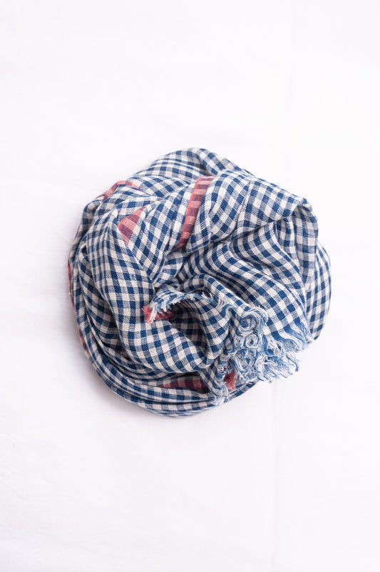 DVE handloom linen scarf in indigo and white check.