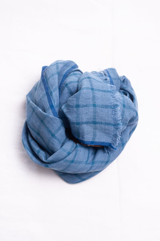 DVE handloom linen scarf in blue ashes check linen.