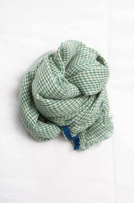 DVE handloom linen scarf in emerald green and white check.