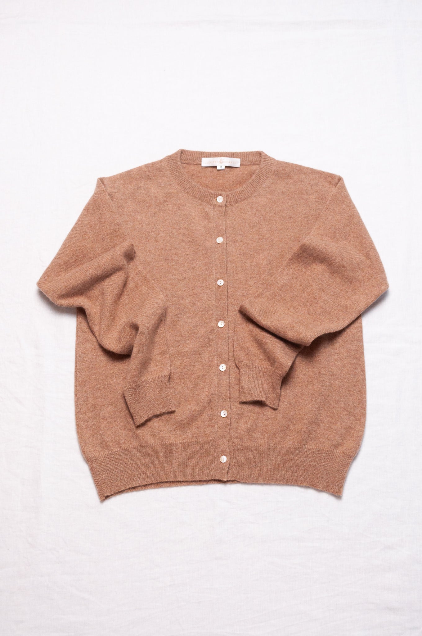 Cashmere button up cardigan in camel brown.