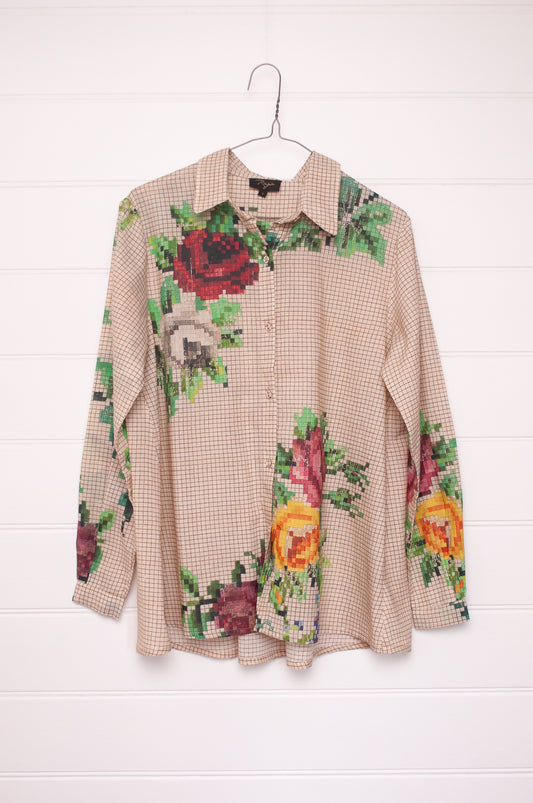 Raga digital print floral cotton button up long sleeve shirt.