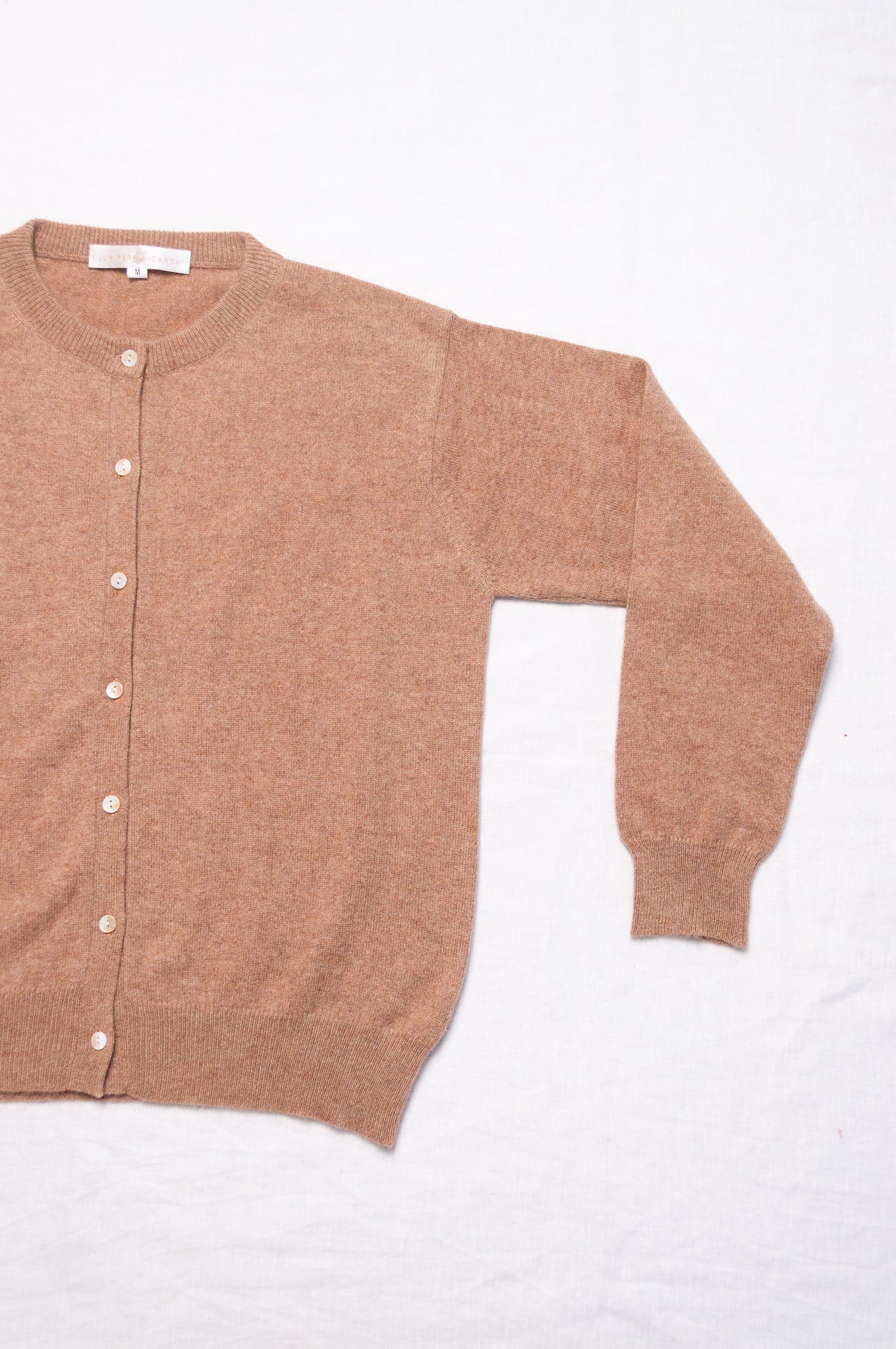 Cashmere button up cardigan in camel brown.