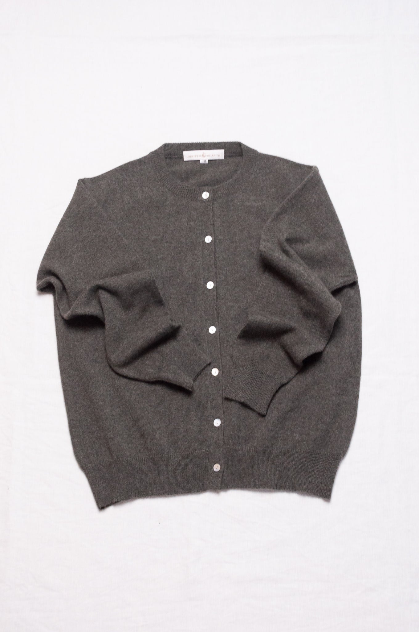 Cashmere button up cardigan in moor grey green.