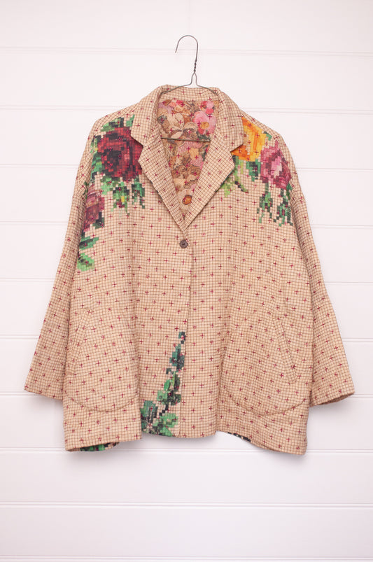 Raga Designs hand quilted digital floral print cotton jacket.