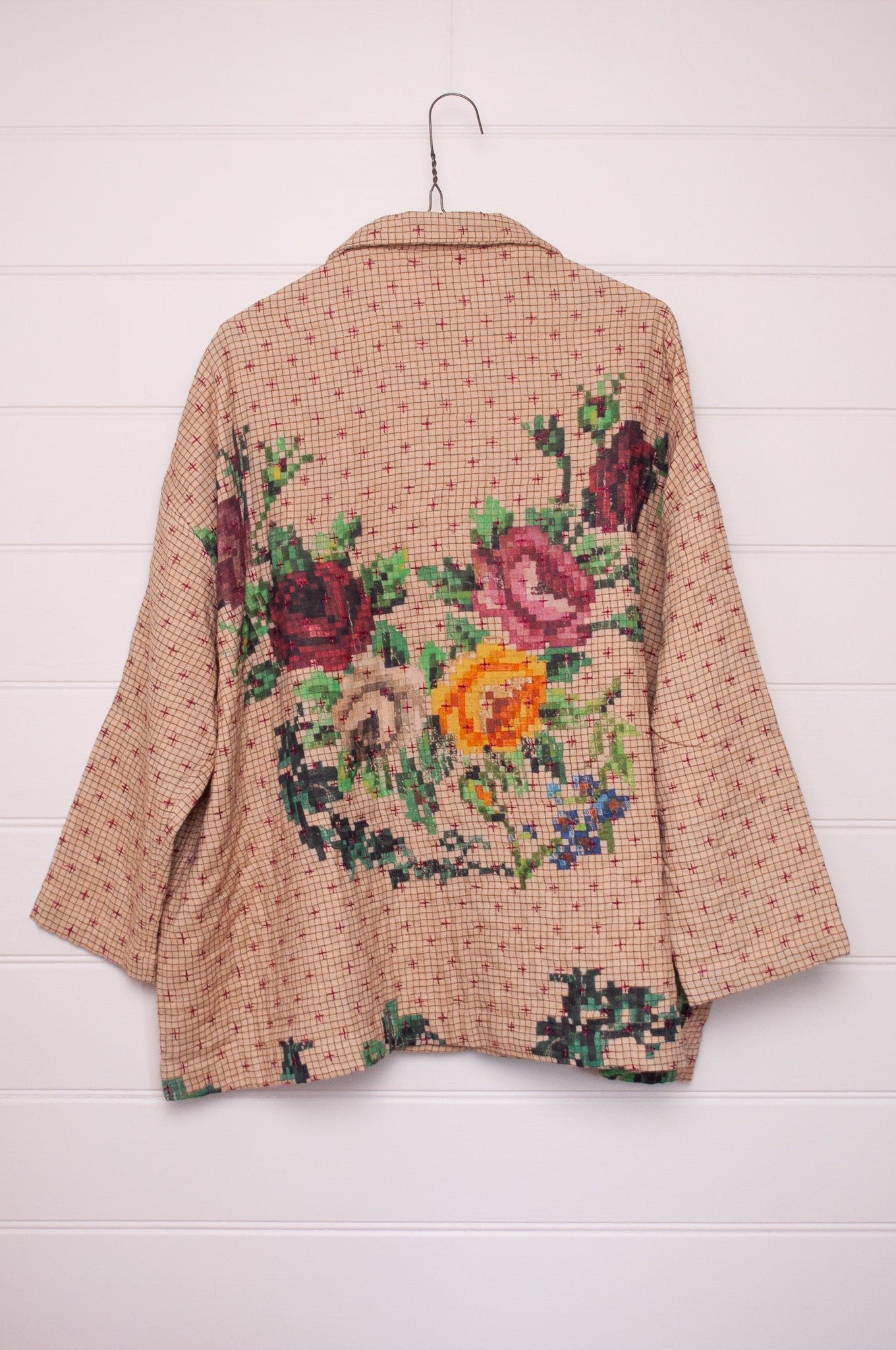 Raga Designs hand quilted digital floral print cotton jacket.