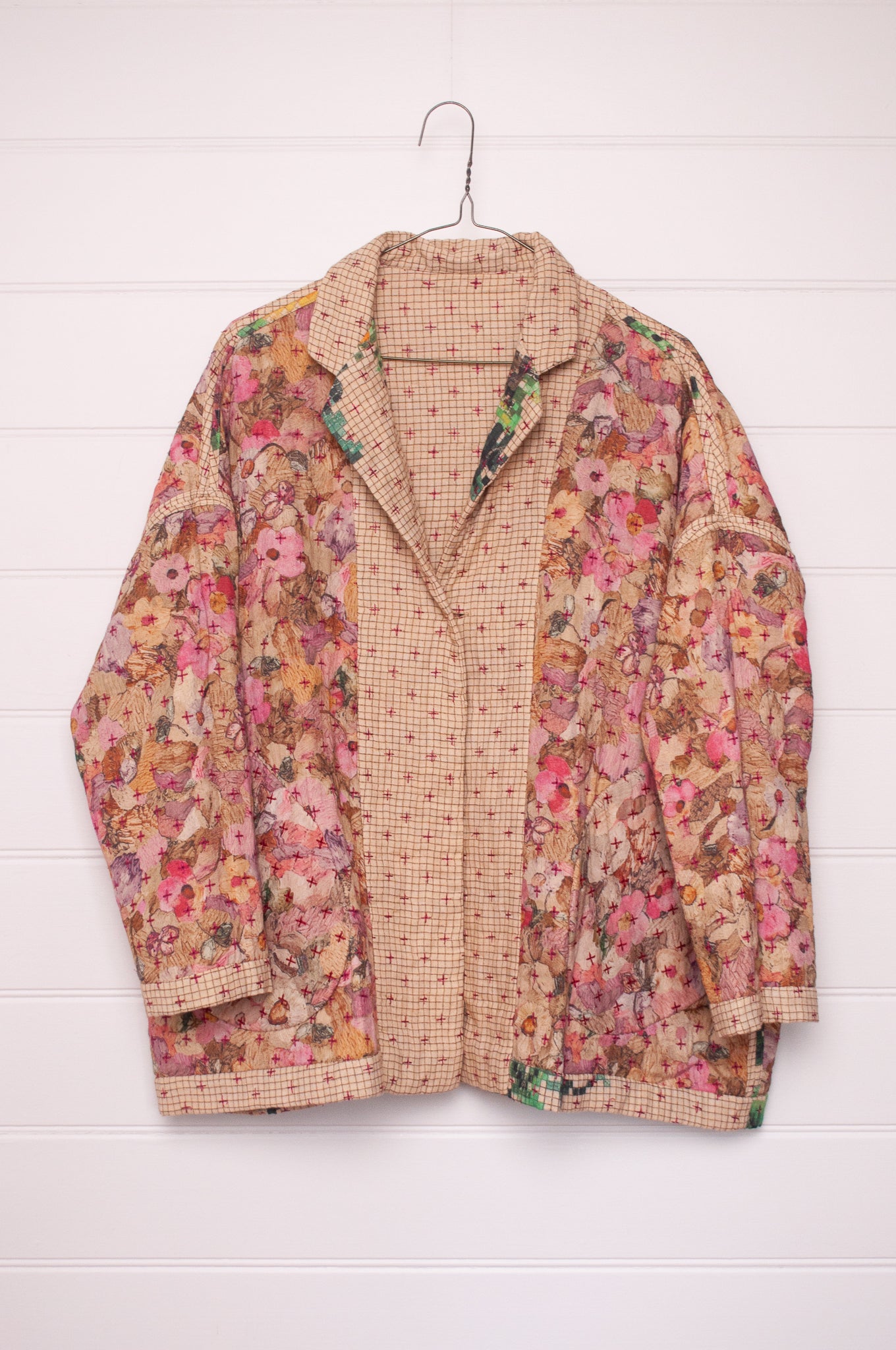 Raga Designs hand quilted digital floral print cotton jacket.
