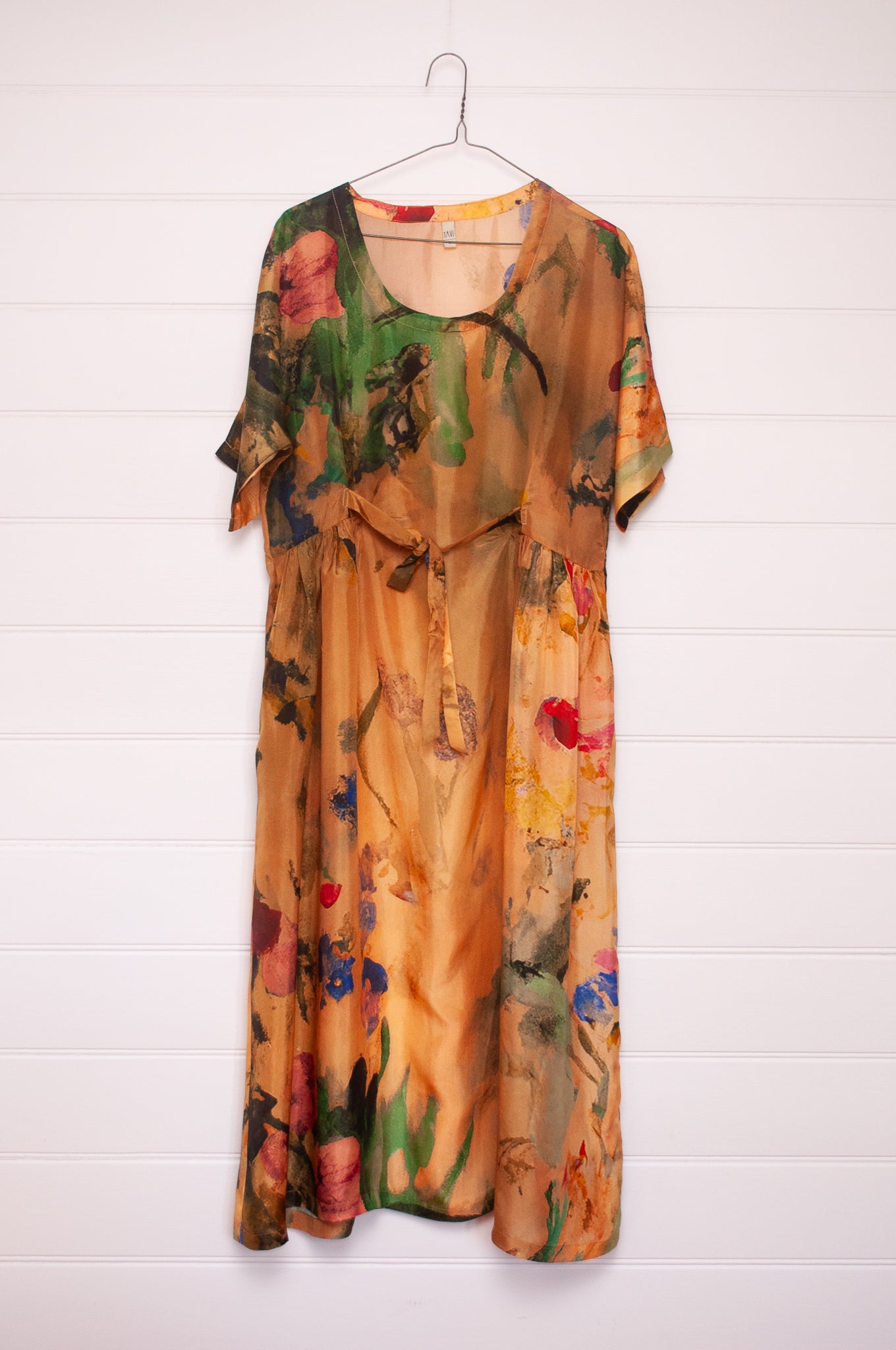 Yavï vintage postcard print silk dress floral on mustard.