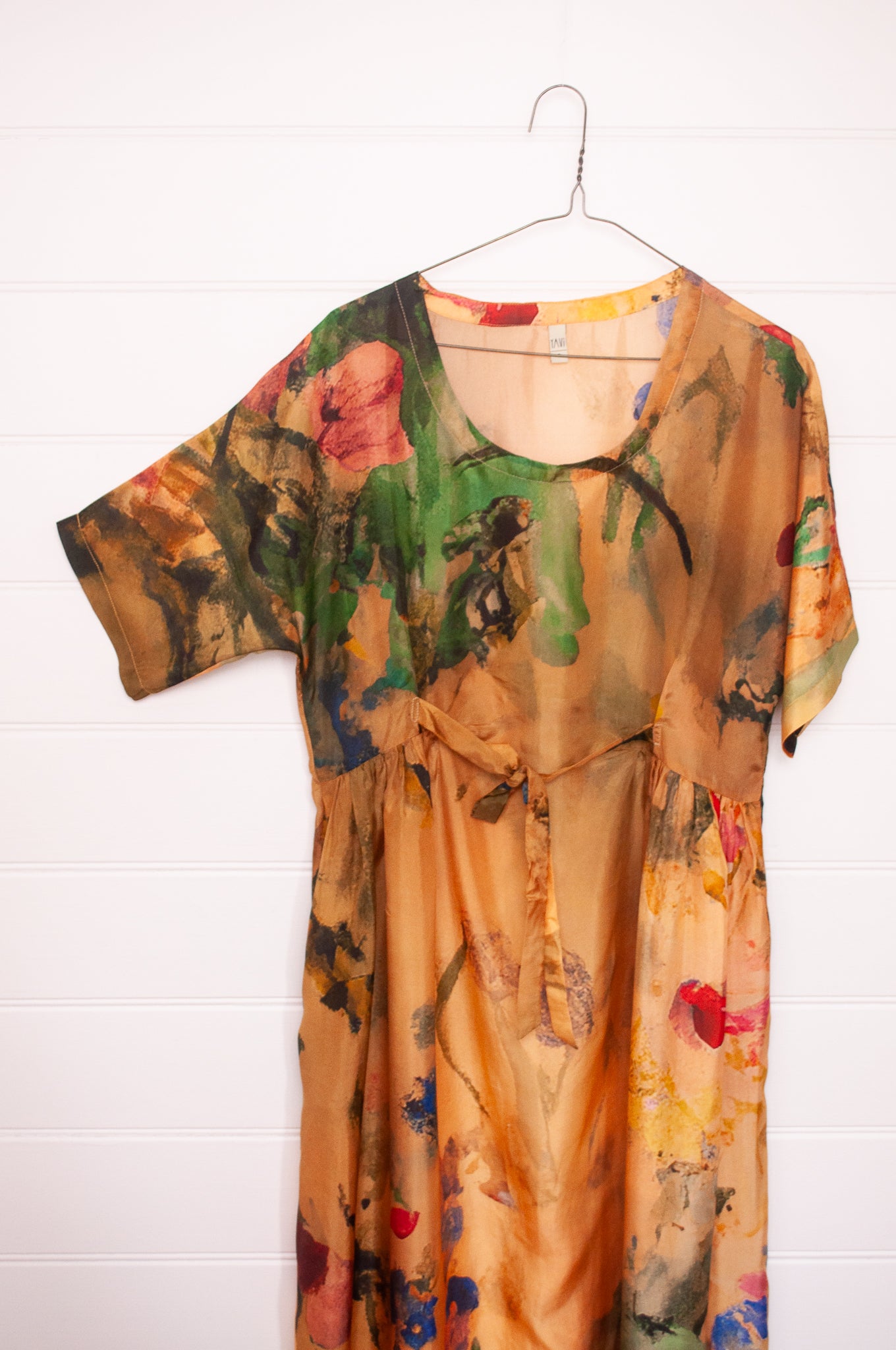 Yavï vintage postcard print silk dress floral on mustard.