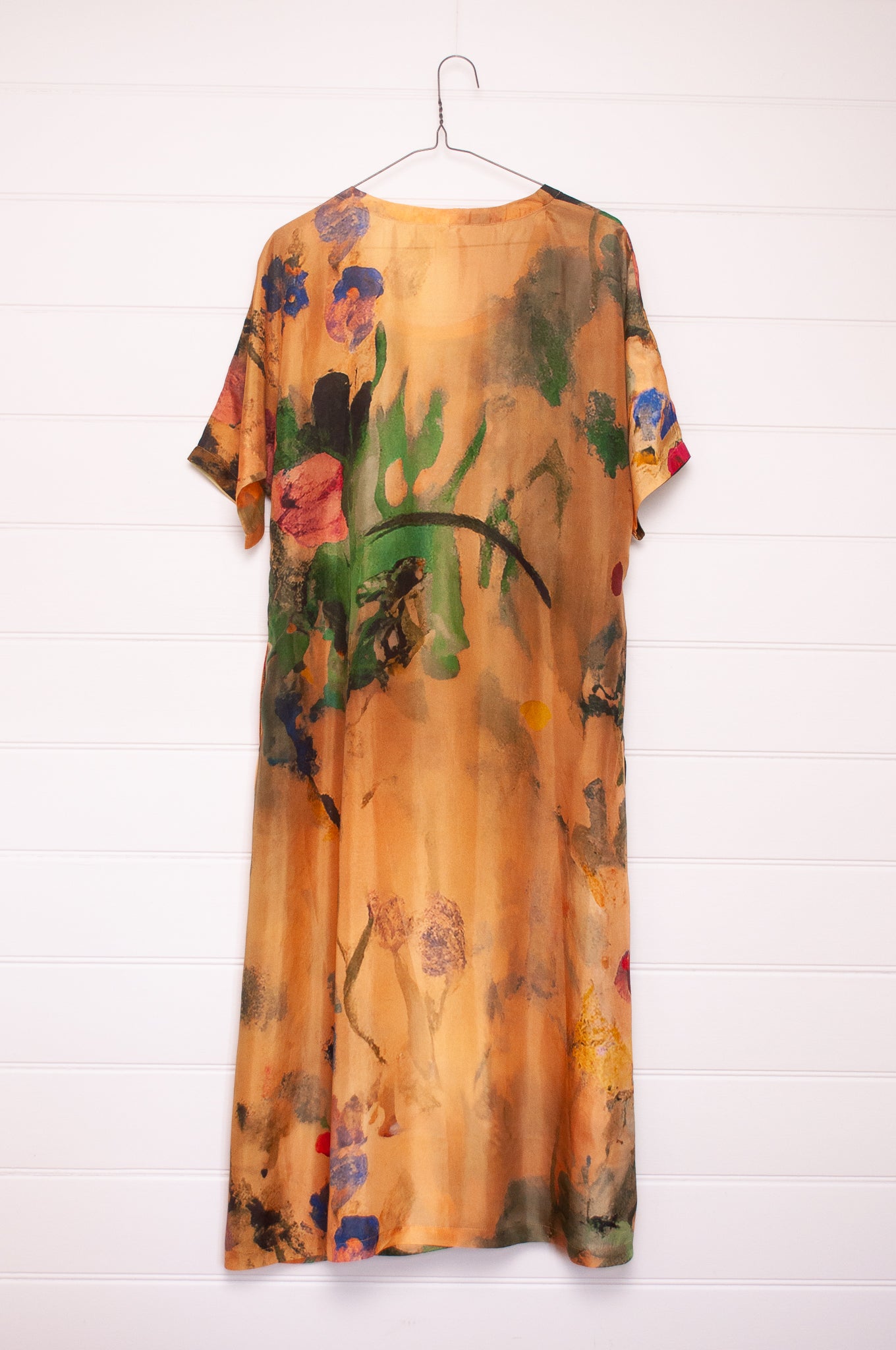 Yavï vintage postcard print silk dress floral on mustard. Rear view.