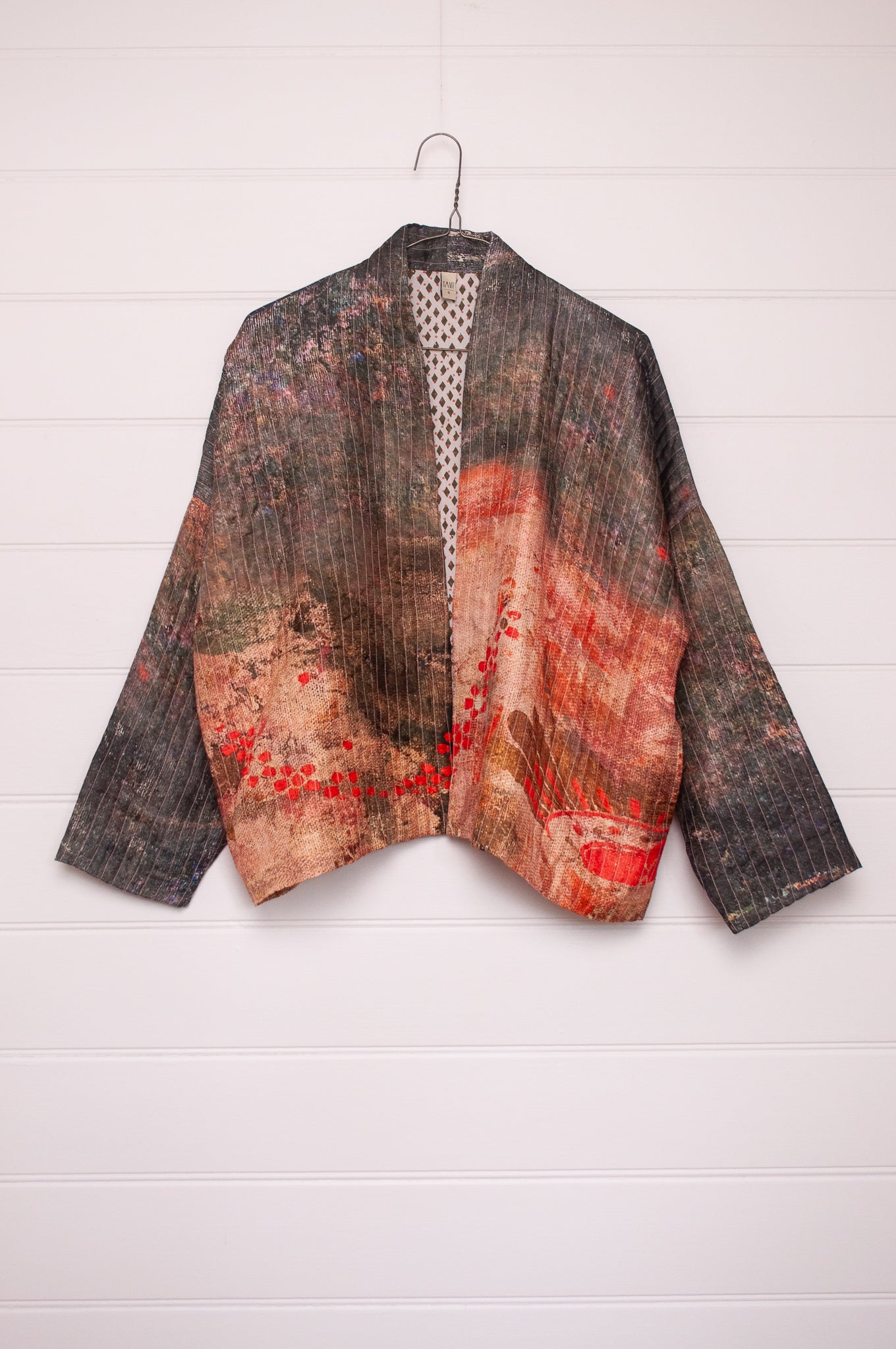Yavi silk quilted kimono jaeckt in vintage postcard print, with cotton blockprint lining.
