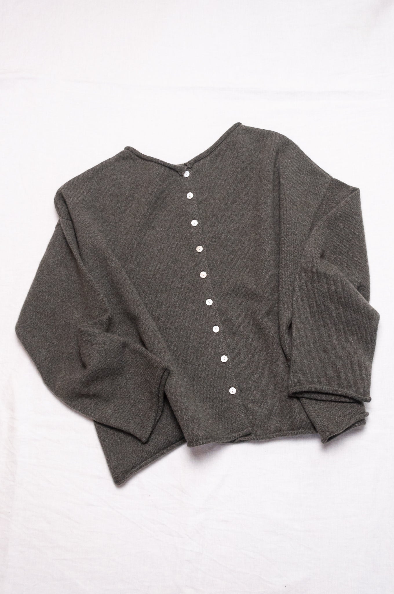One size reversible cashmere cardigan in moor grey green.