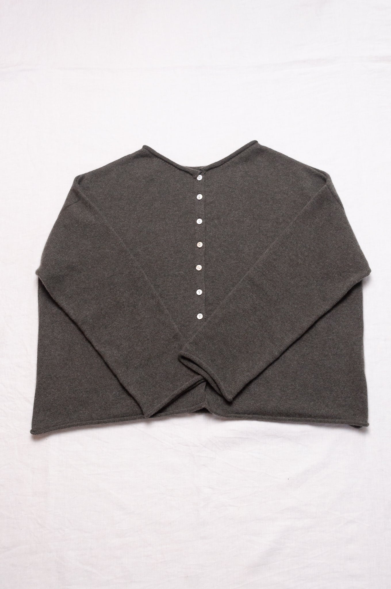 One size reversible cashmere cardigan in moor grey green.