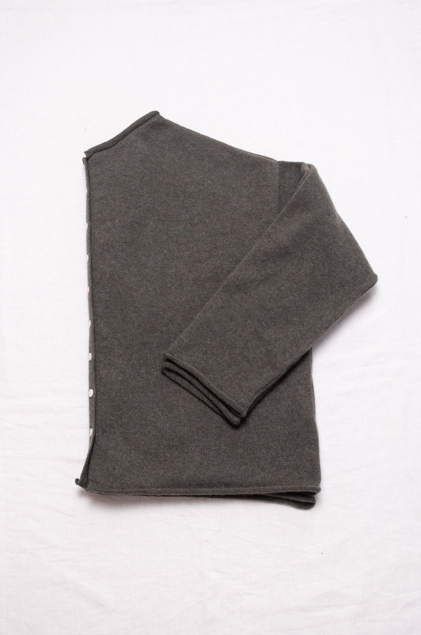 One size reversible cashmere cardigan in moor grey green.