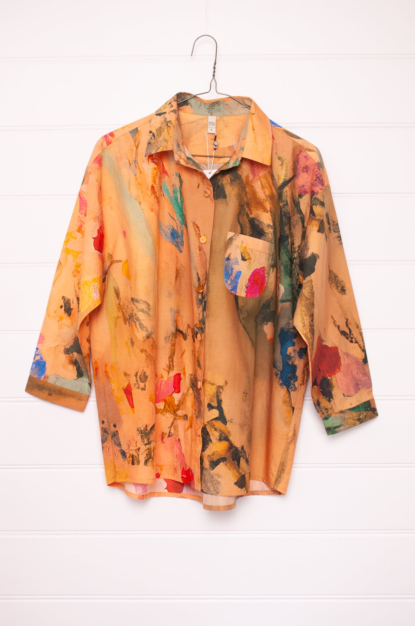 Yavï vintage postcard print button up cotton shirt mustard floral.