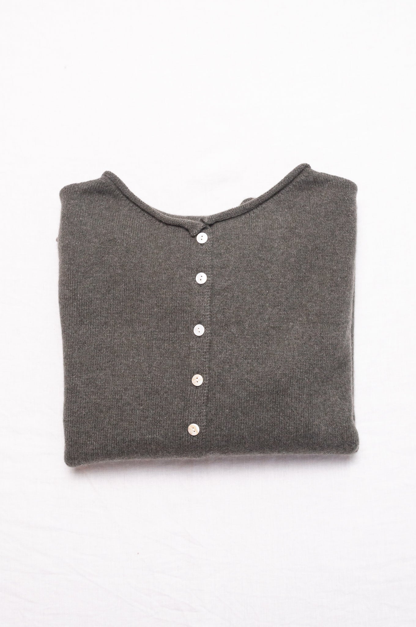 One size reversible cashmere cardigan in moor grey green.