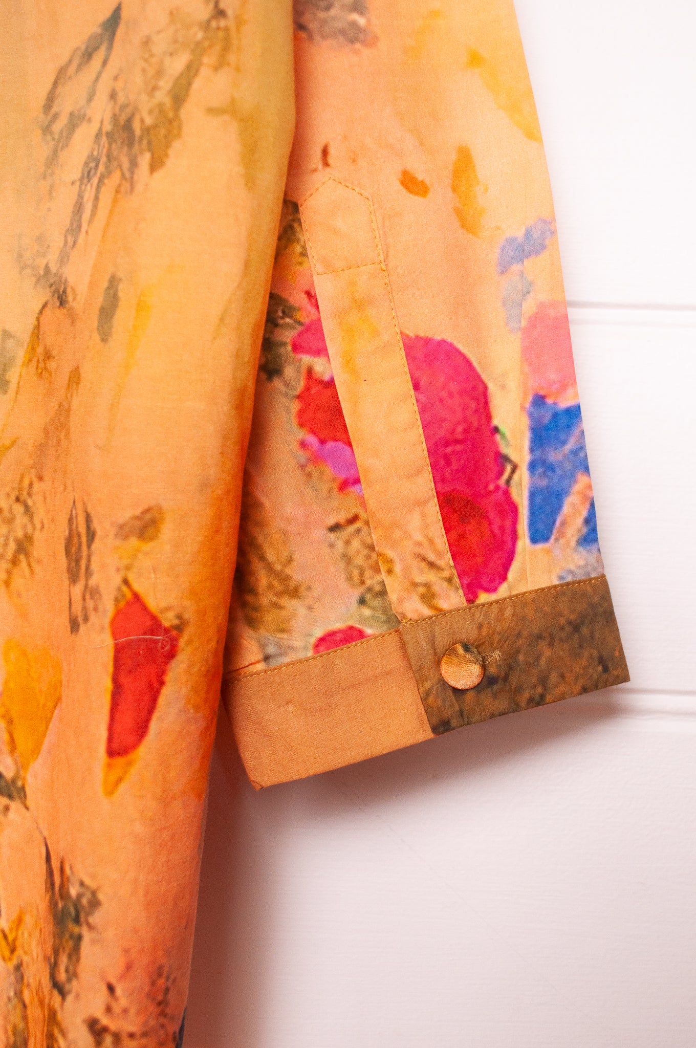 Yavï vintage postcard print button up cotton shirt mustard floral.