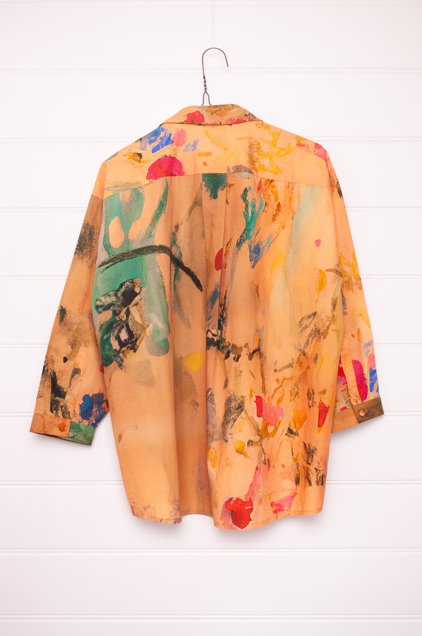 Yavï vintage postcard print button up cotton shirt mustard floral.