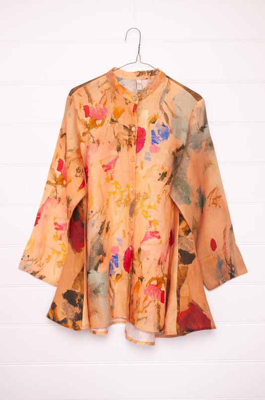 Yavï pure linen vintage postcard print floral button up swing shirt jacket.