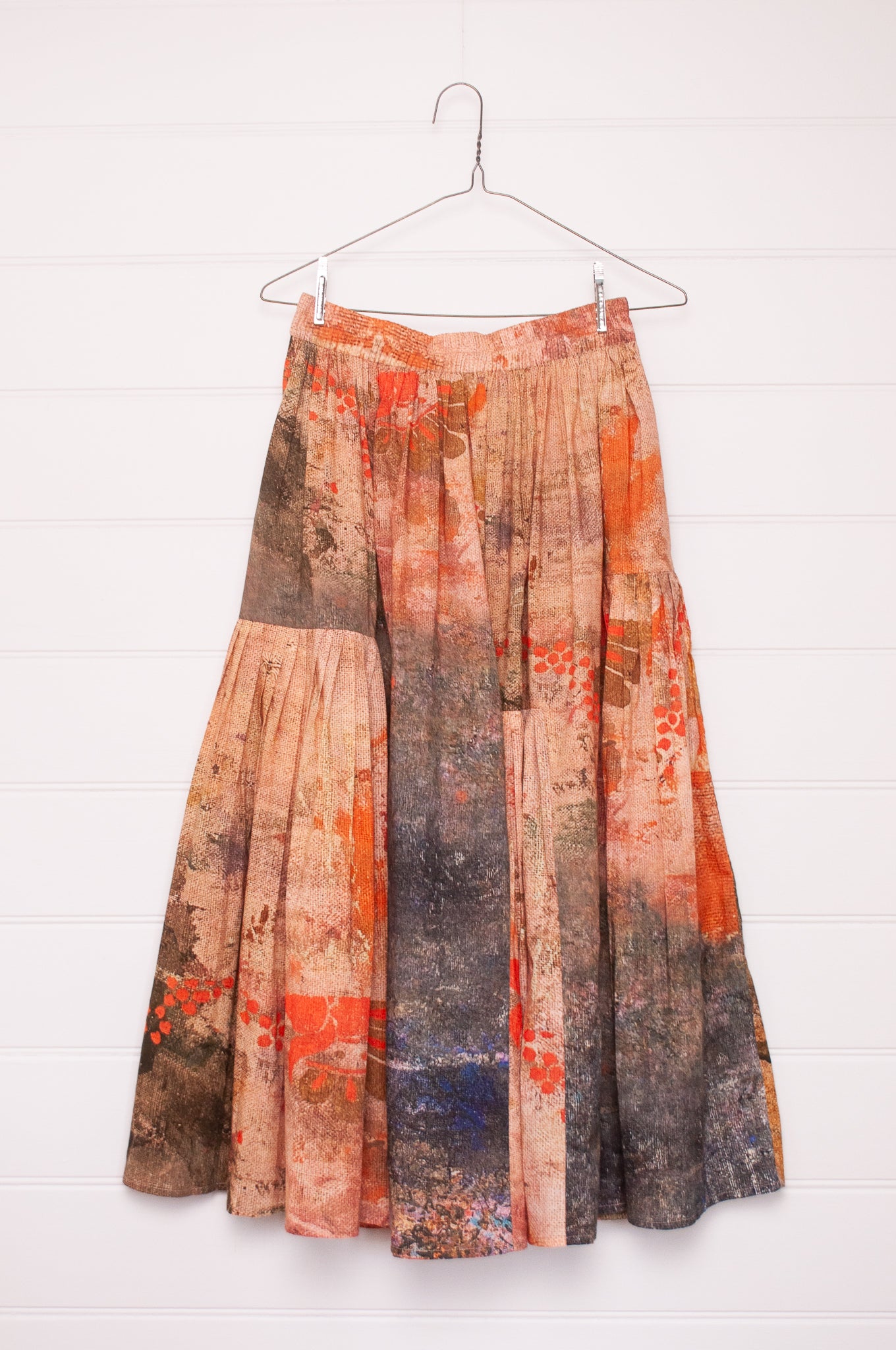 Yavï vintage postcard print gathered and panelled skirt in soft cotton.
