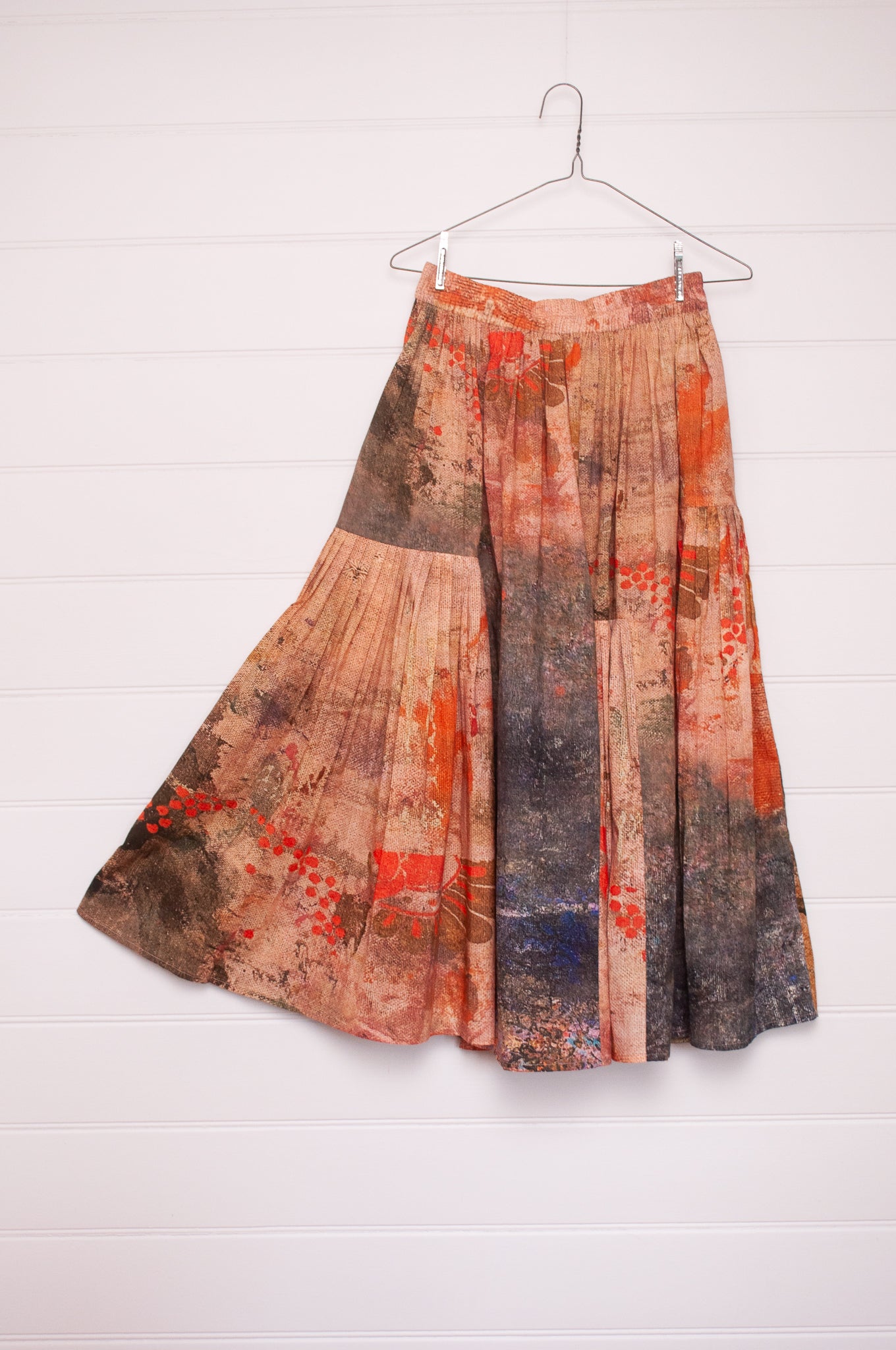 Yavï vintage postcard print gathered and panelled skirt in soft cotton.