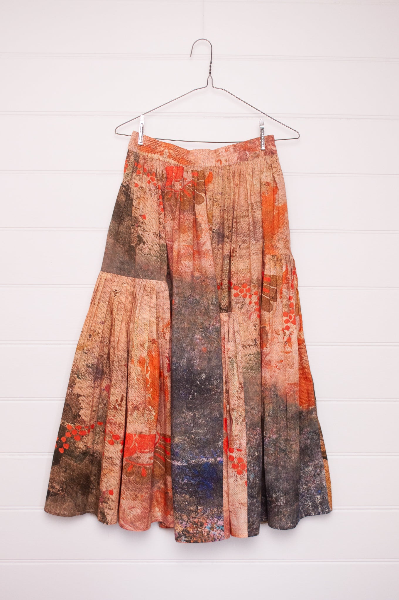 Yavï vintage postcard print gathered and panelled skirt in soft cotton.