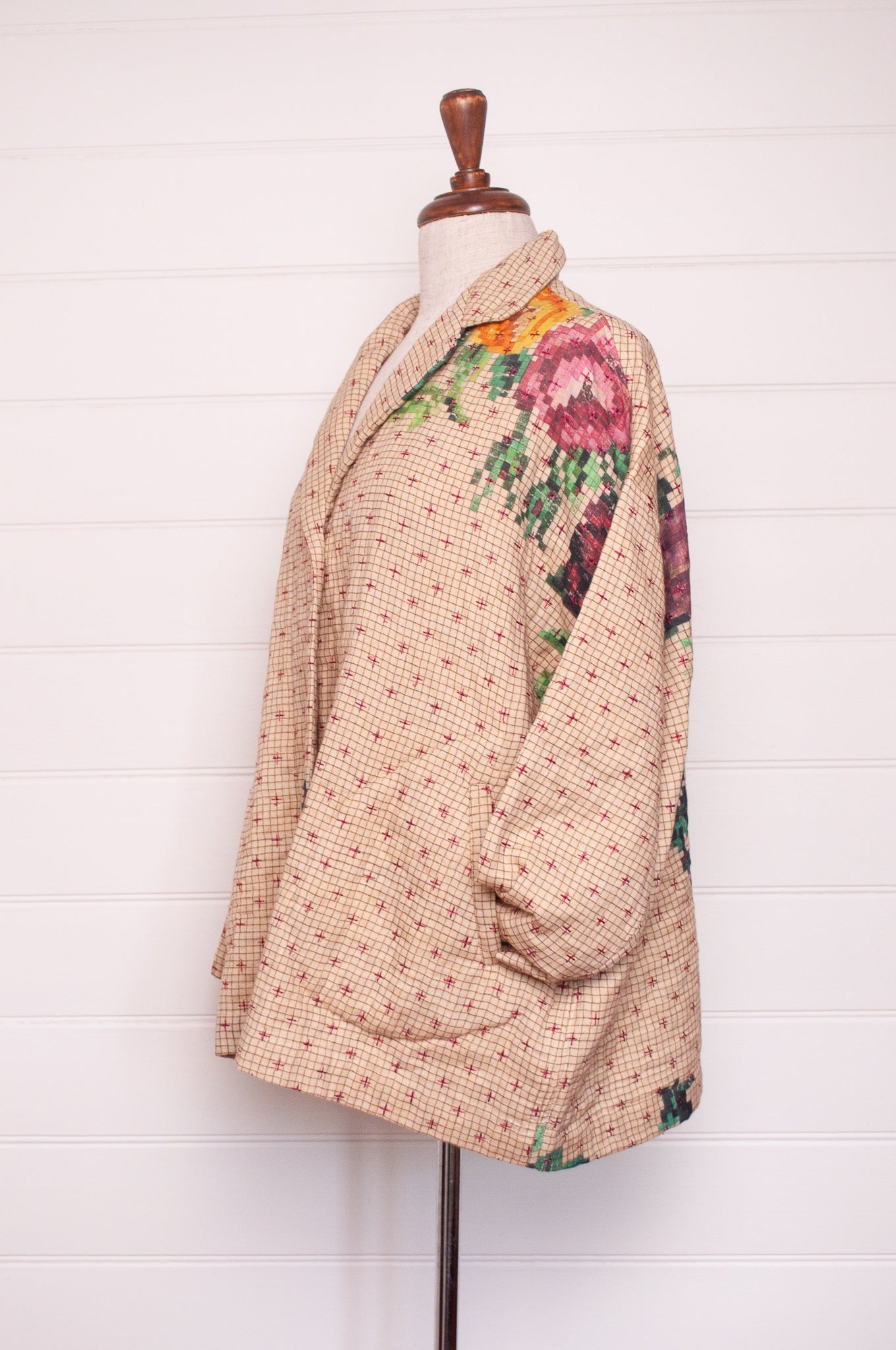 Raga Designs hand quilted digital floral print cotton jacket.