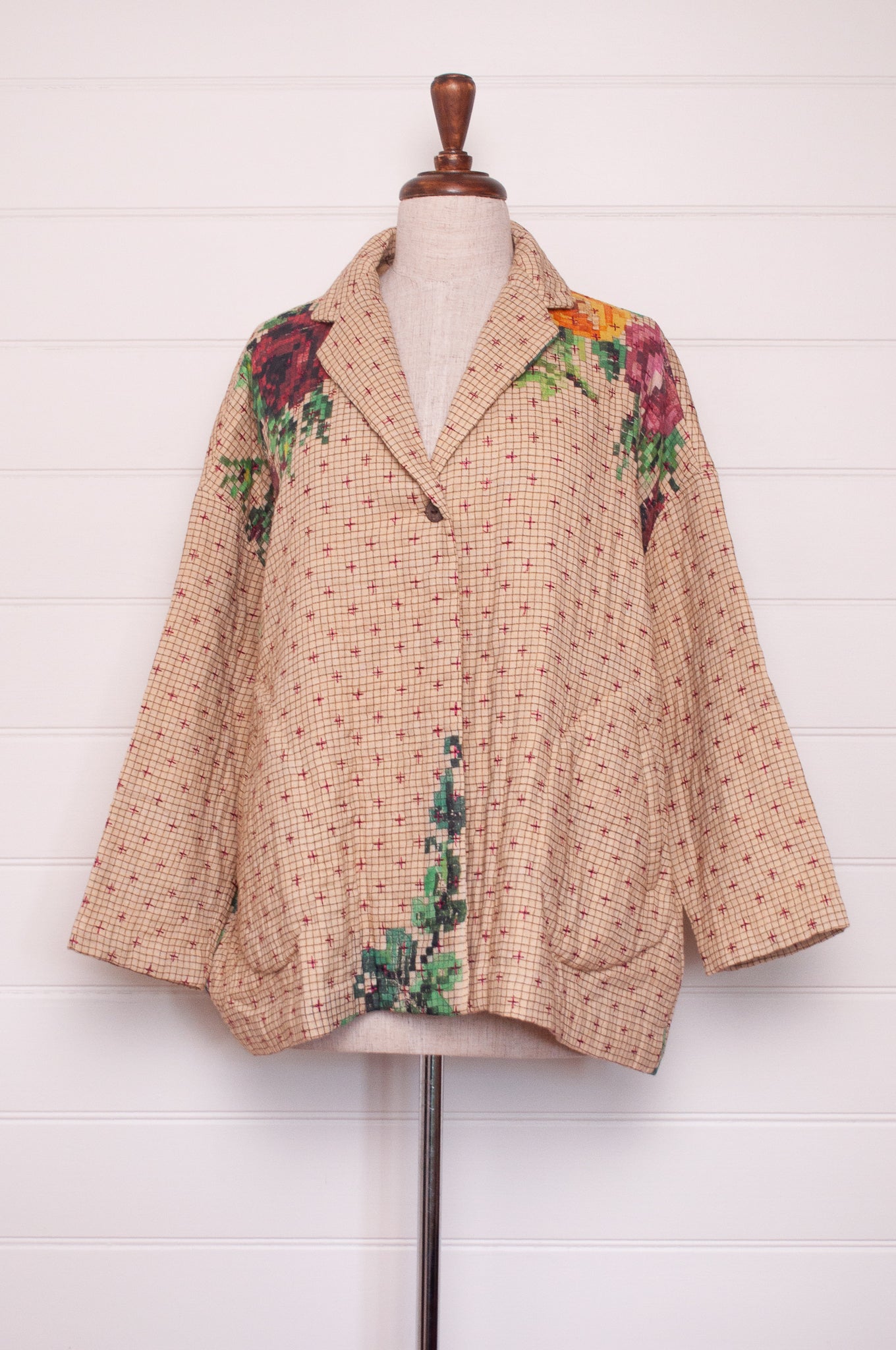 Raga Designs hand quilted digital floral print cotton jacket.